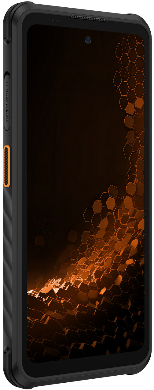Czarny smartfon z wzorem plastra miodu na ekranie. Telefon ma wytrzymałą obudowę i boczny przycisk.