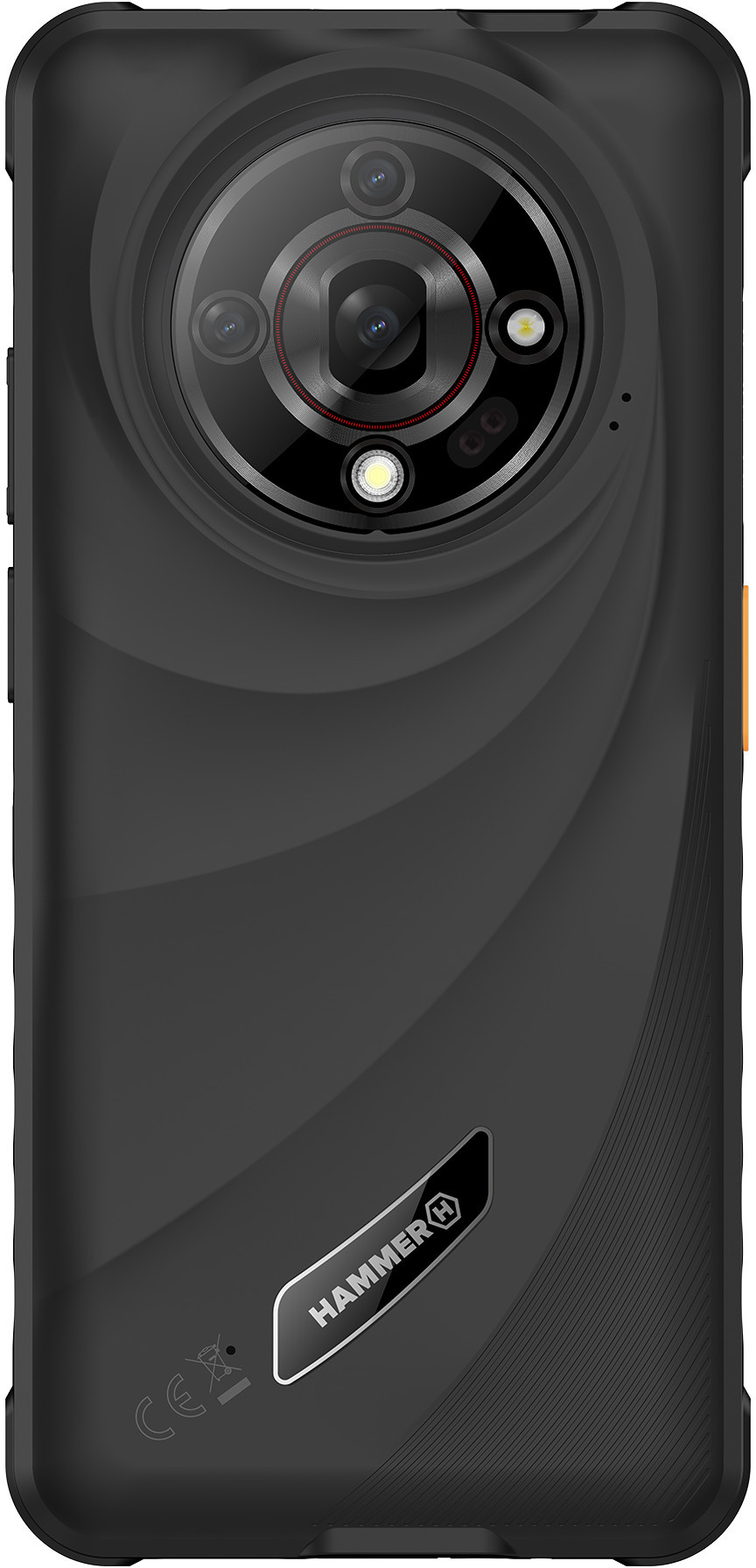 Czarny tył smartfona z dużym modułem aparatu. Widoczne logo Hammer. Design ma wzorzysty tył.