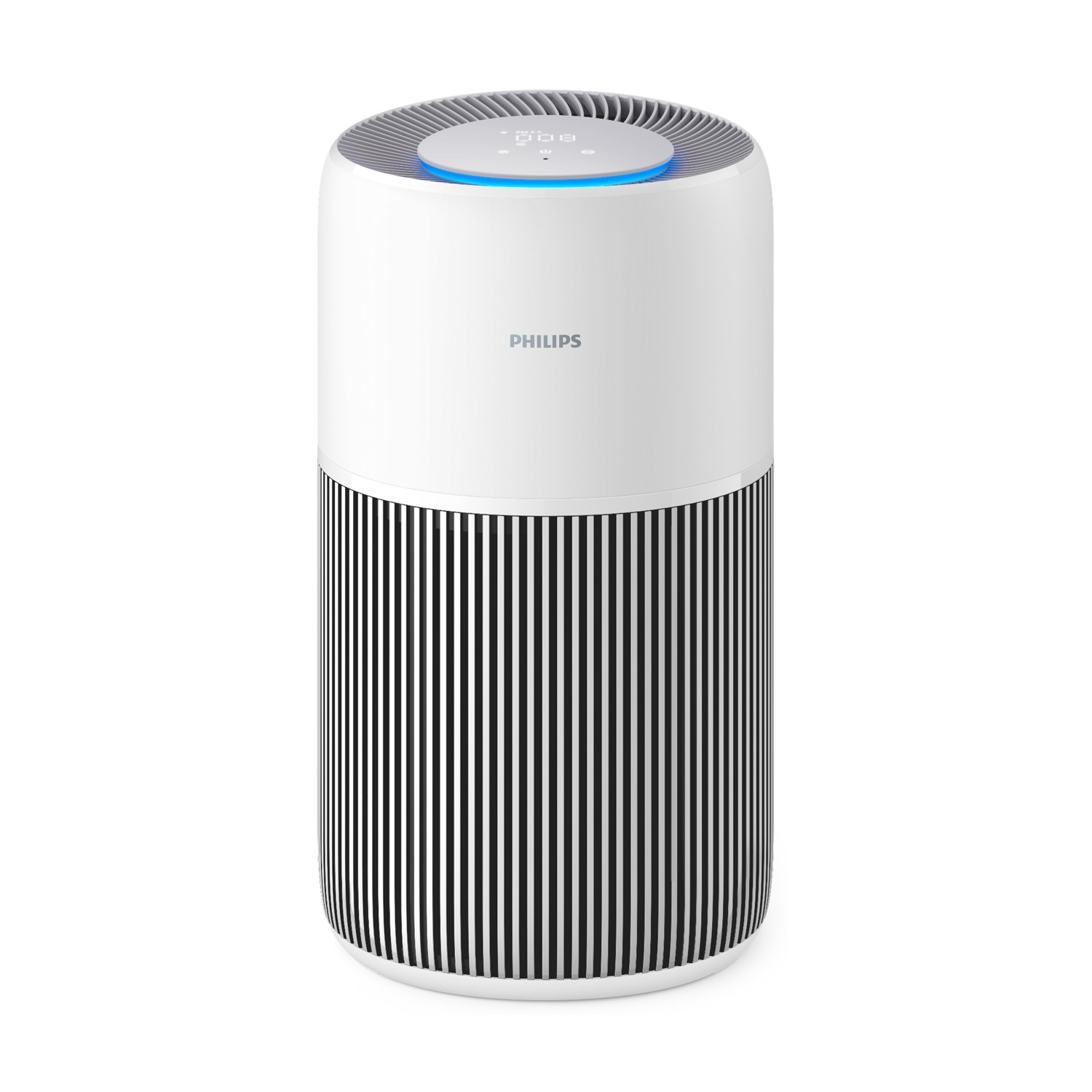 Purificatore d'aria bianco e nero. Sezione superiore bianca, con luce blu e display digitale. Sezione inferiore con strisce nere verticali.