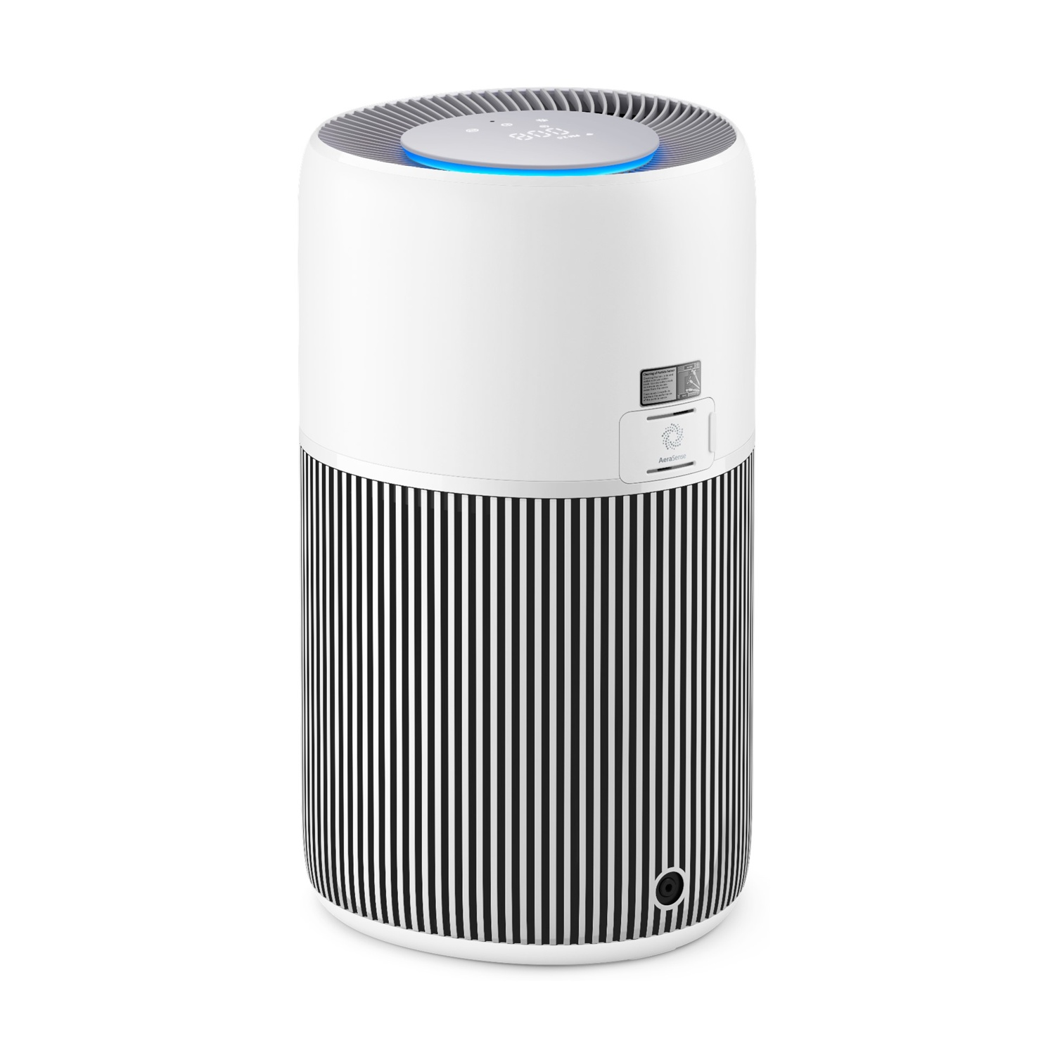 Un purificatore d'aria bianco. La parte inferiore ha strisce nere verticali. La parte superiore ha una luce blu e un display digitale.