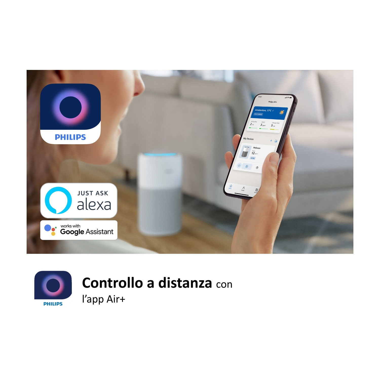 Donna che usa l'app Philips Air+ su uno smartphone. L'app mostra i dati sulla qualità dell'aria e le opzioni di controllo del dispositivo. Loghi Alexa e Google Assistant visibili.