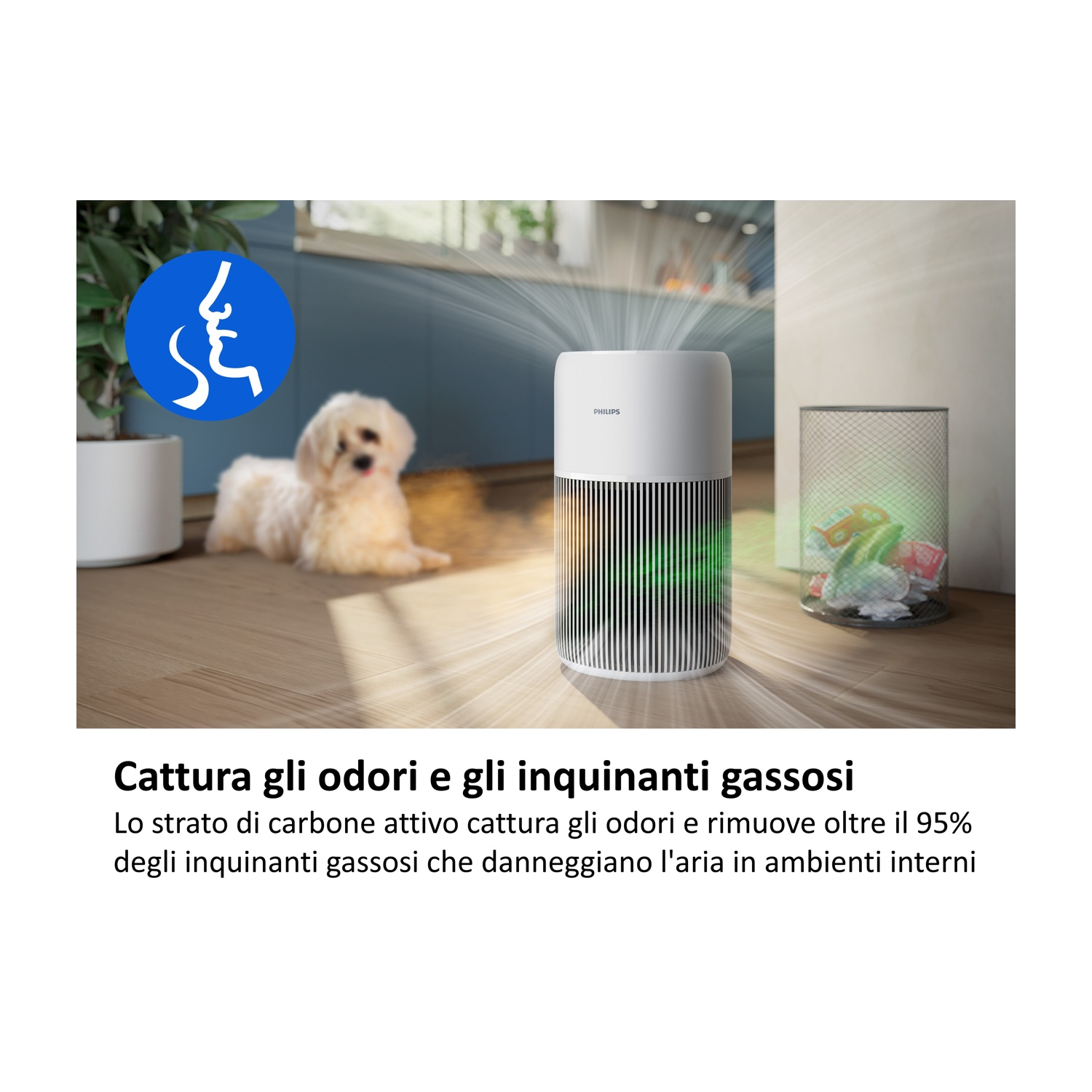 Un purificatore d'aria è mostrato con un cane sullo sfondo. Il purificatore rimuove odori e inquinanti dall'aria.