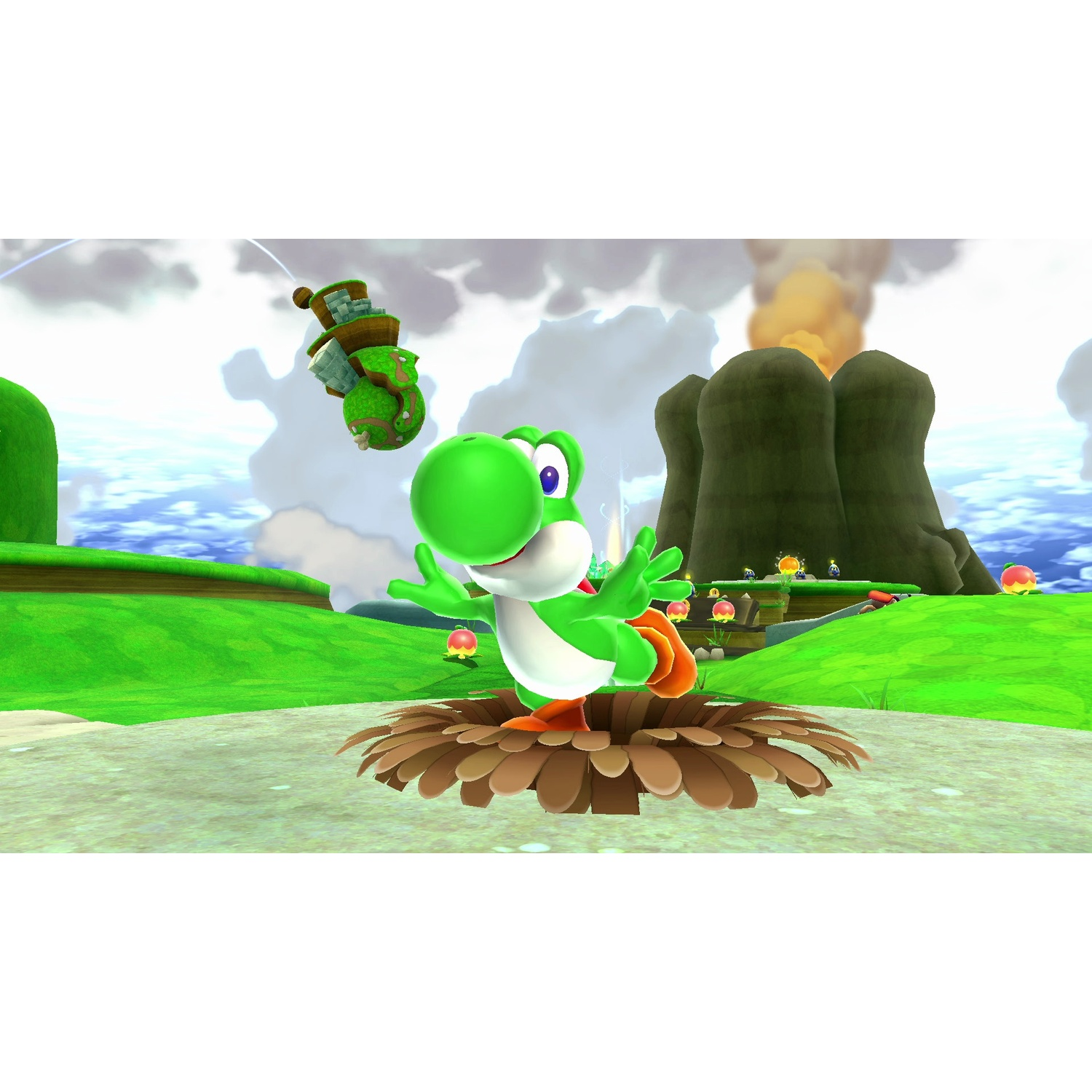 Yoshi in una buca con le braccia aperte. Paesaggio verde, montagne e isola fluttuante sullo sfondo. Cielo nuvoloso ed effetti solari.