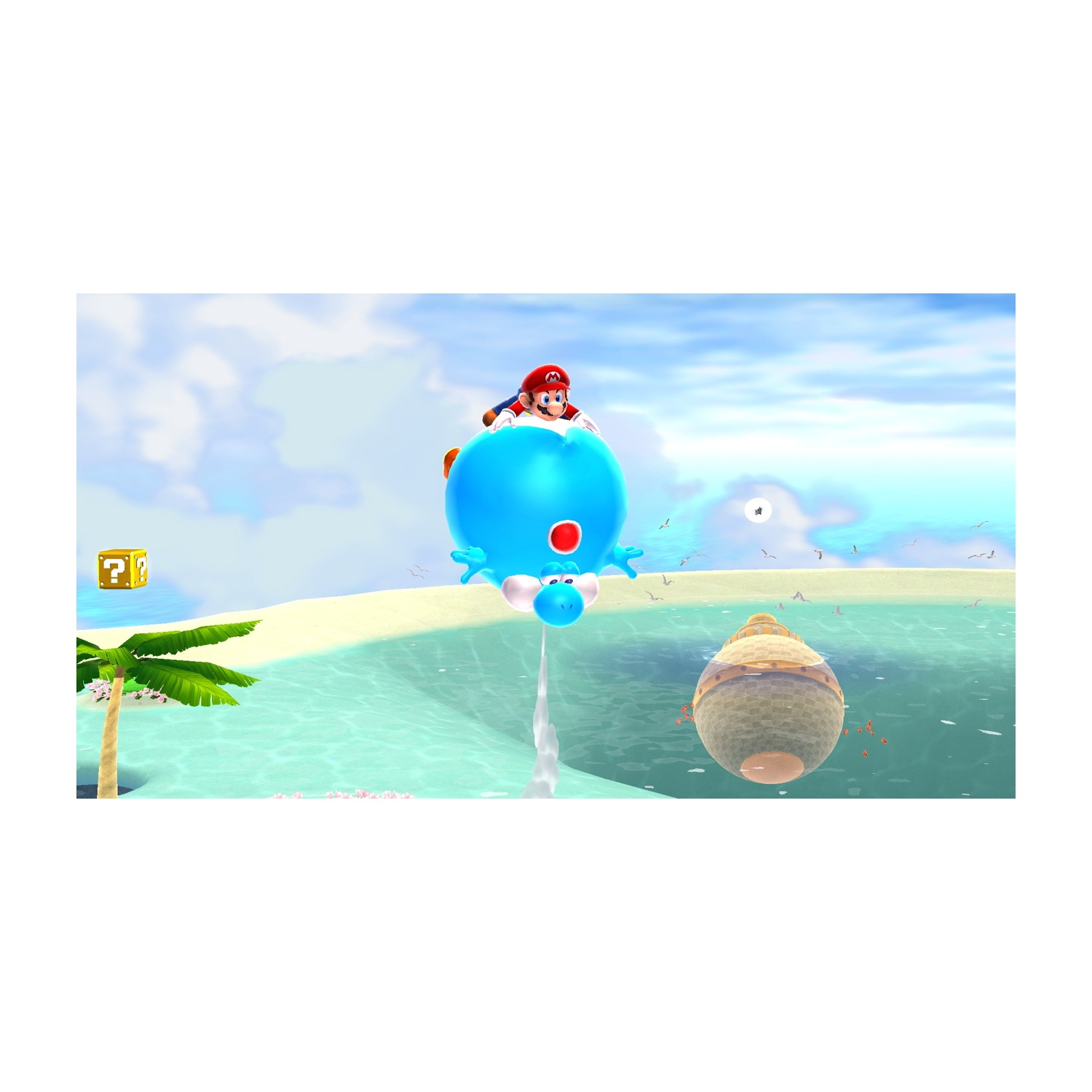 Mario cavalca un Yoshi blu che fluttua sull'acqua, vicino a una spiaggia con una palma, un blocco con punto interrogativo e un oggetto grande e rotondo.