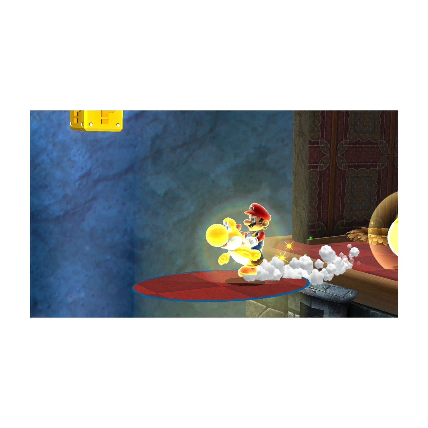 Mario cavalca Yoshi su una piattaforma rossa. Sono in un ambiente simile a un castello. Un oggetto giallo è visibile sullo sfondo.