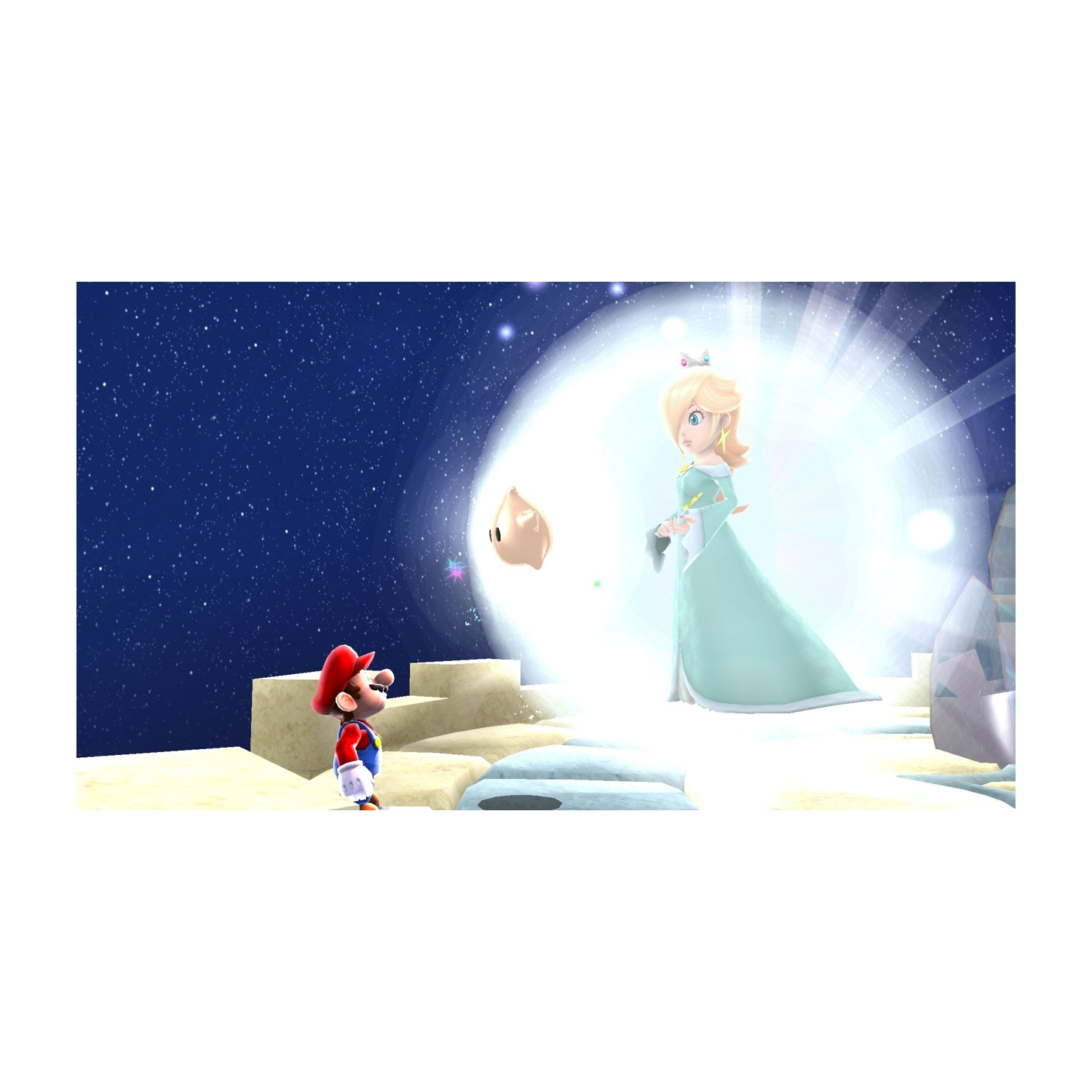 Mario guarda Rosalinda in una luce intensa. Un cielo stellato fa da sfondo. Un oggetto fluttuante è al centro.
