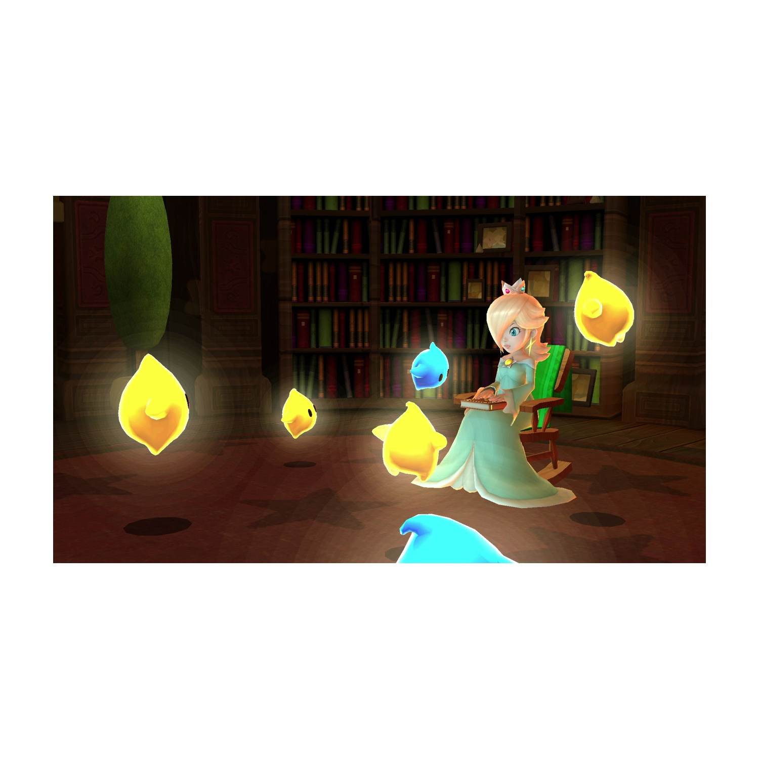 Rosalina legge in una biblioteca, circondata da Luma. Librerie e luci brillanti riempiono lo sfondo. C'è una sedia a dondolo nella scena.