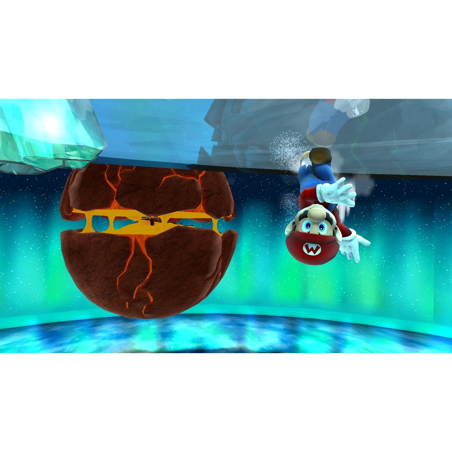 Mario a testa in giù, cade in uno spazio blu e verde. Un pianeta fluttuante pieno di lava è a sinistra. Strutture di ghiaccio sopra.