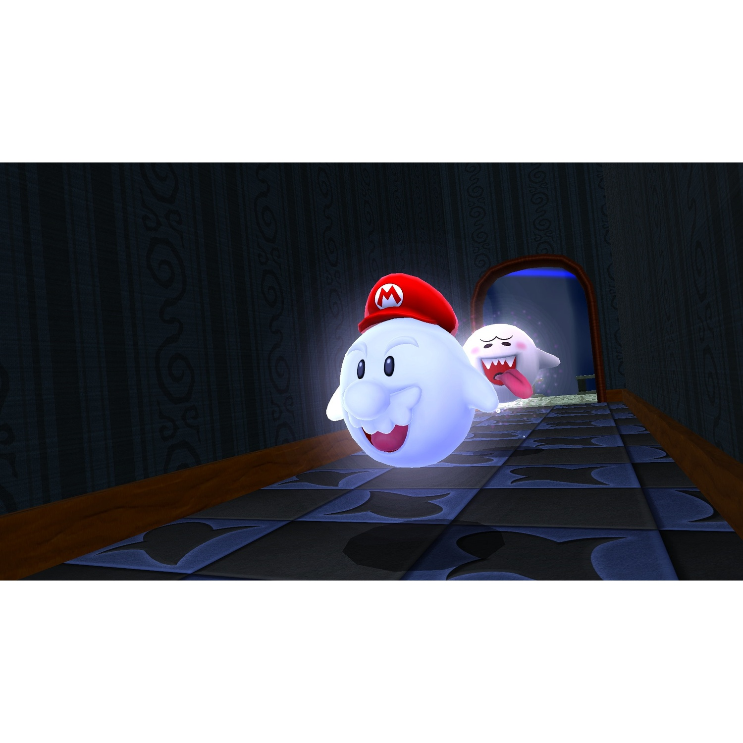 Due Boo dei cartoni animati in un corridoio buio. Uno indossa un cappello rosso, l'altro ha la lingua di fuori. Muri scuri e pavimento a scacchi.