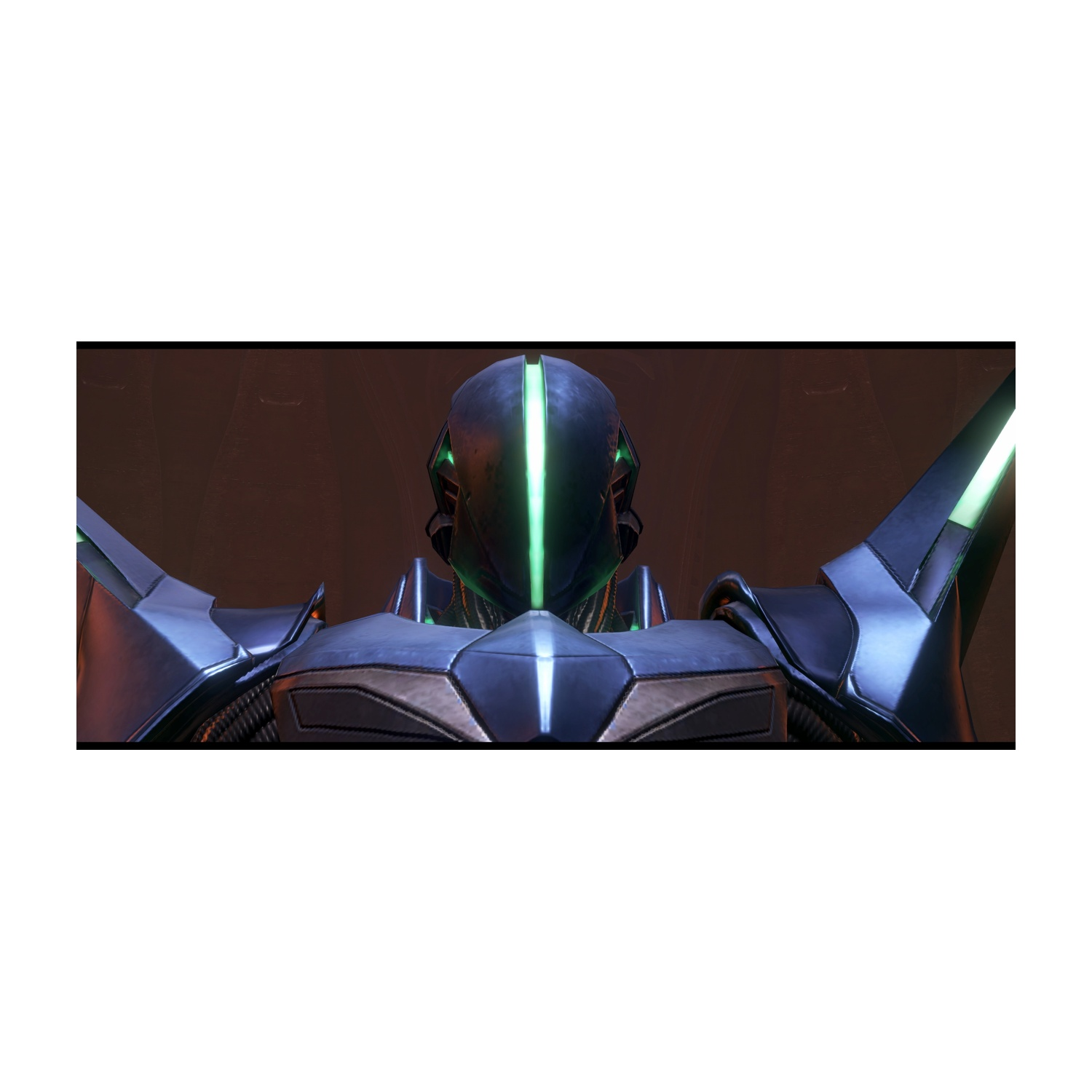 Una figura robotica con una linea verde brillante sulla testa. Armatura blu scuro e argento. Sfondo marrone.