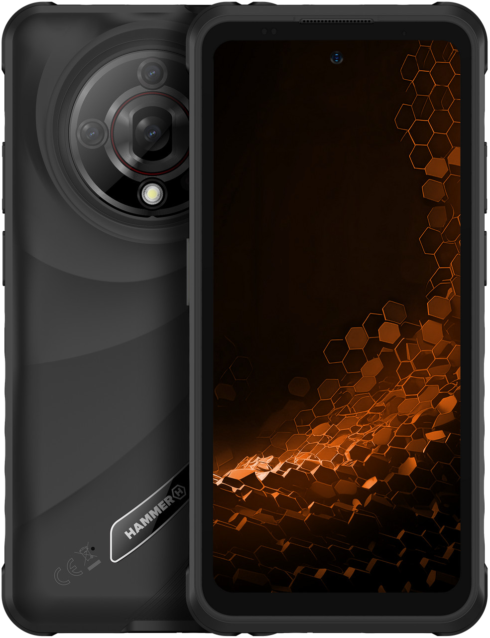 Czarny smartfon z wieloma tylnymi aparatami i ekranem wyświetlającym pomarańczowy wzór plastra miodu. Telefon jest wytrzymały i nowoczesny.