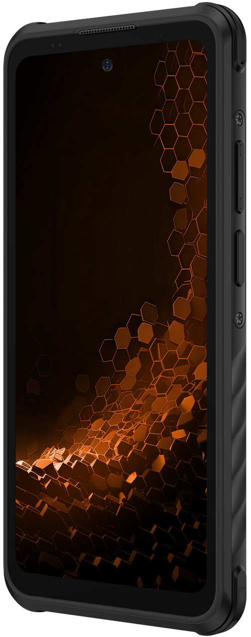 Czarny smartfon z wzorem plastra miodu na ekranie. Telefon ma boczne przyciski i aparat.