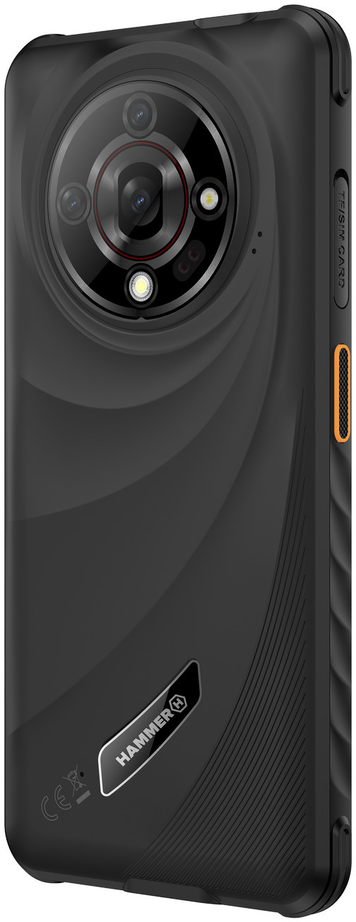 Czarny tył smartfona z zestawem kamer. Posiada logo Hammer, boczne przyciski i teksturowany design. Widoczna lampa błyskowa i obiektywy.