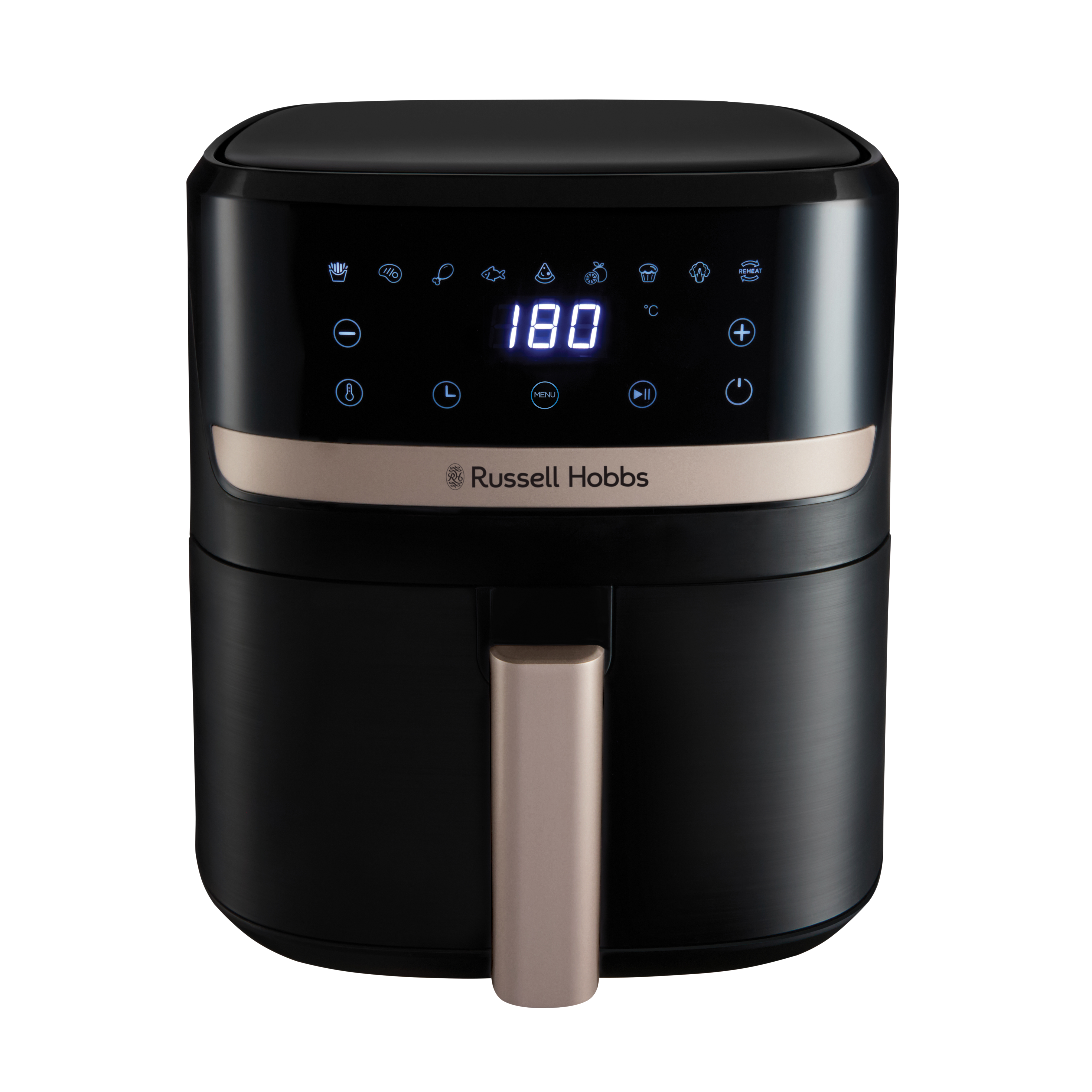 Fekete Russell Hobbs légkeveréses sütő arany akcentusokkal és digitális kijelzővel, amely 180 fokot mutat. A fogantyú arany.