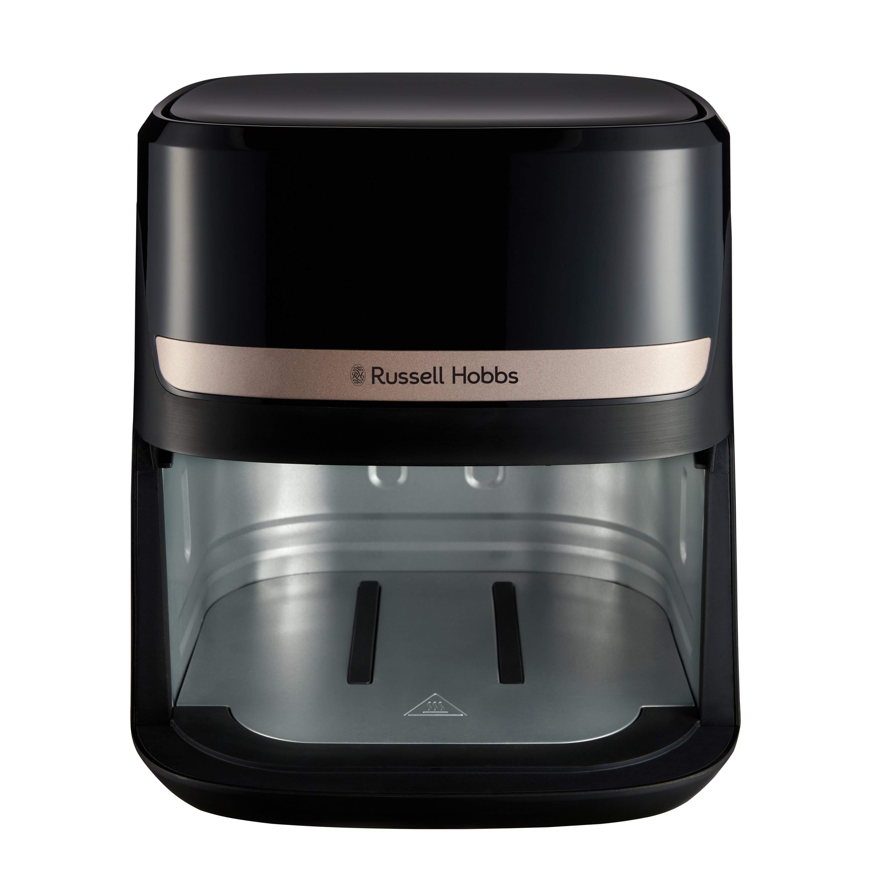 Fekete Russell Hobbs légkeveréses fritőz fehér alapon. Arany sáv a márkanévvel. Belül ezüst.