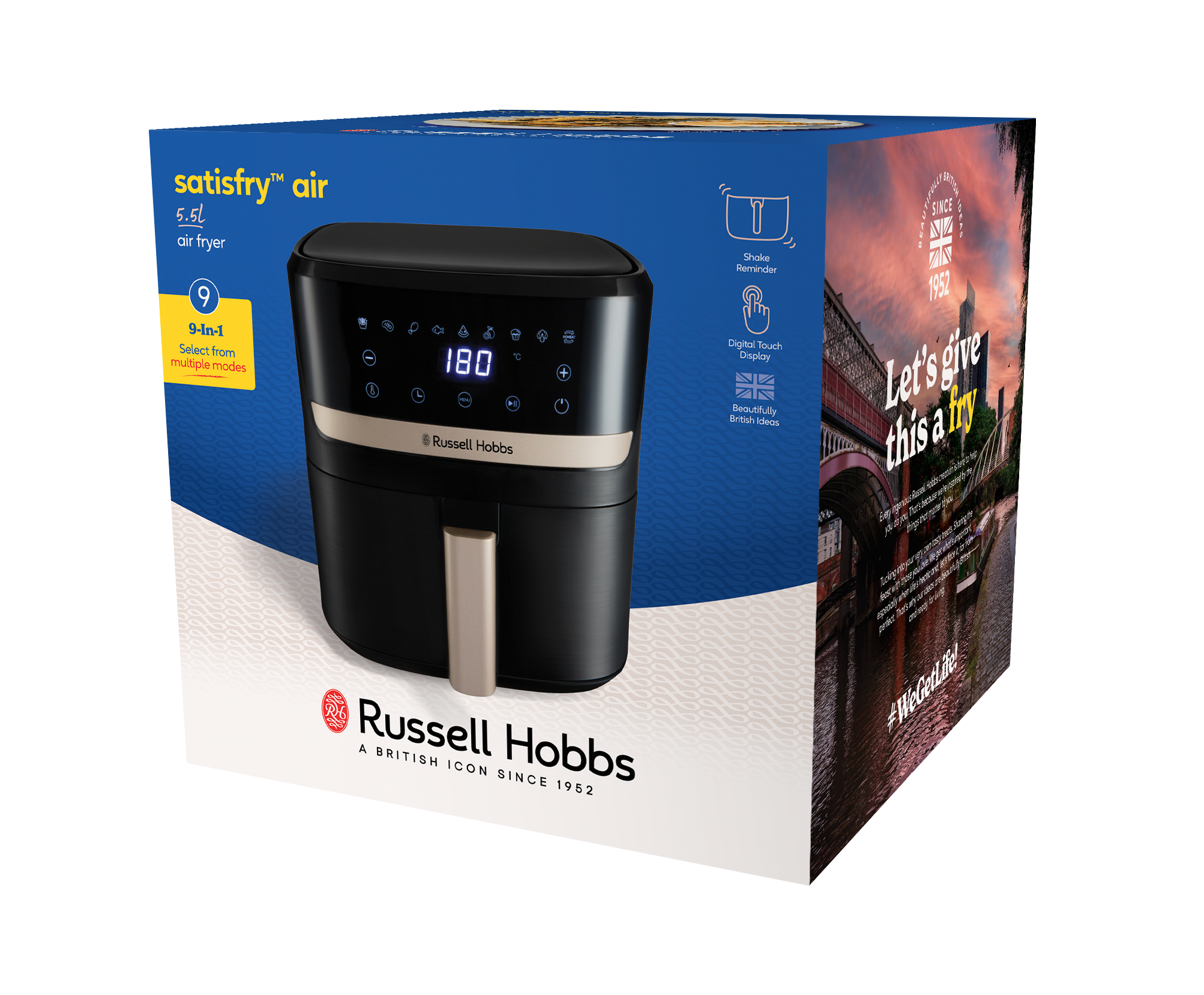 A Russell Hobbs légkeveréses sütőjének doboza. A készüléket egy digitális kijelzővel mutatja, amely a hőmérsékletet és a funkciókat mutatja.