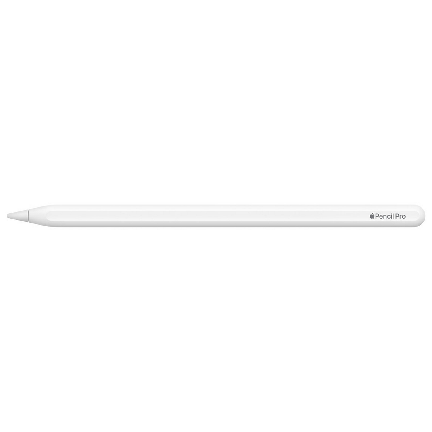 Un Apple Pencil Pro blanco se encuentra horizontalmente. El lápiz es delgado, elegante y tiene el logo 'Pencil Pro'. El fondo es blanco.