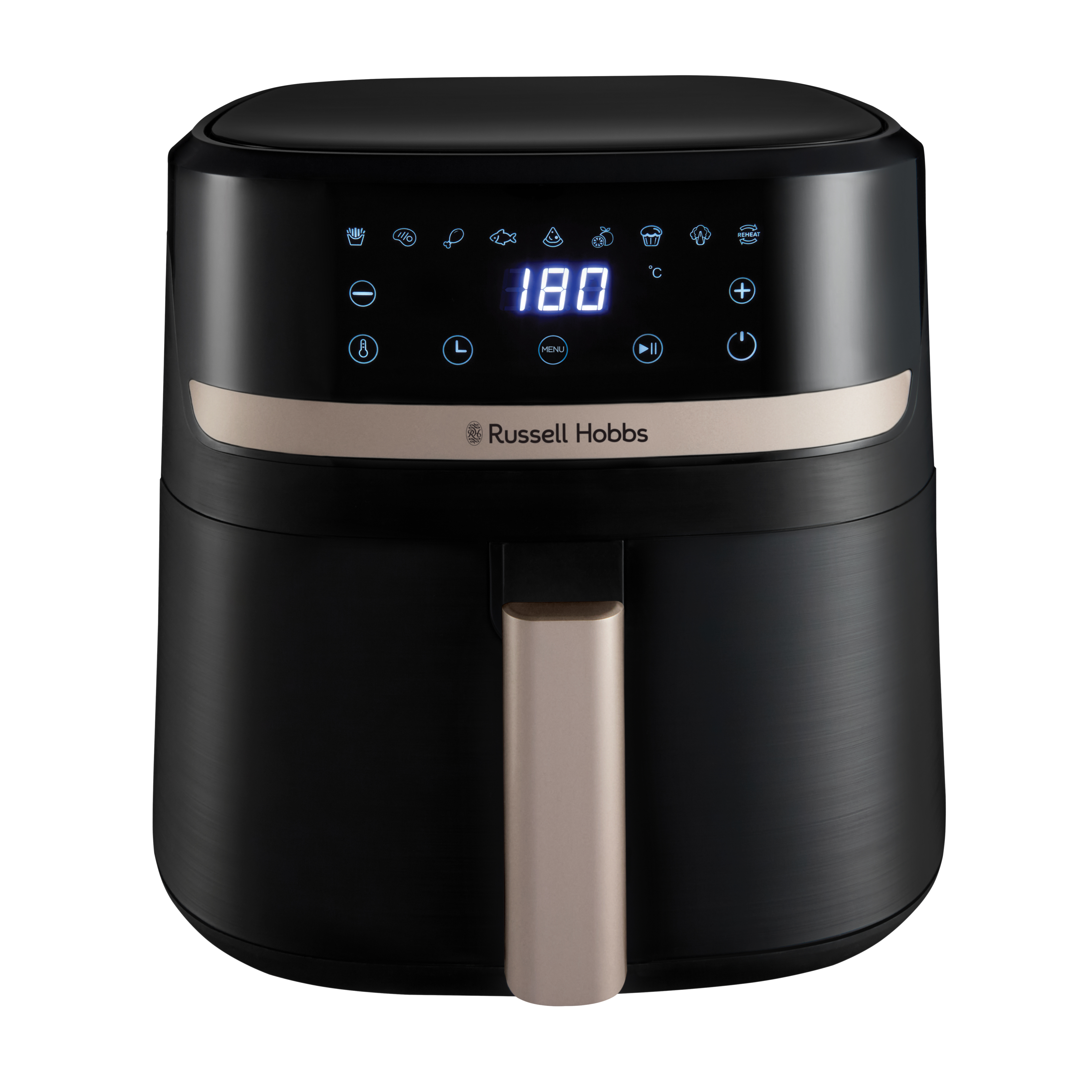 Fekete Russell Hobbs légkeveréses sütő, digitális kijelzővel, 180°C-ot mutat. Fogantyú és arany részletek.