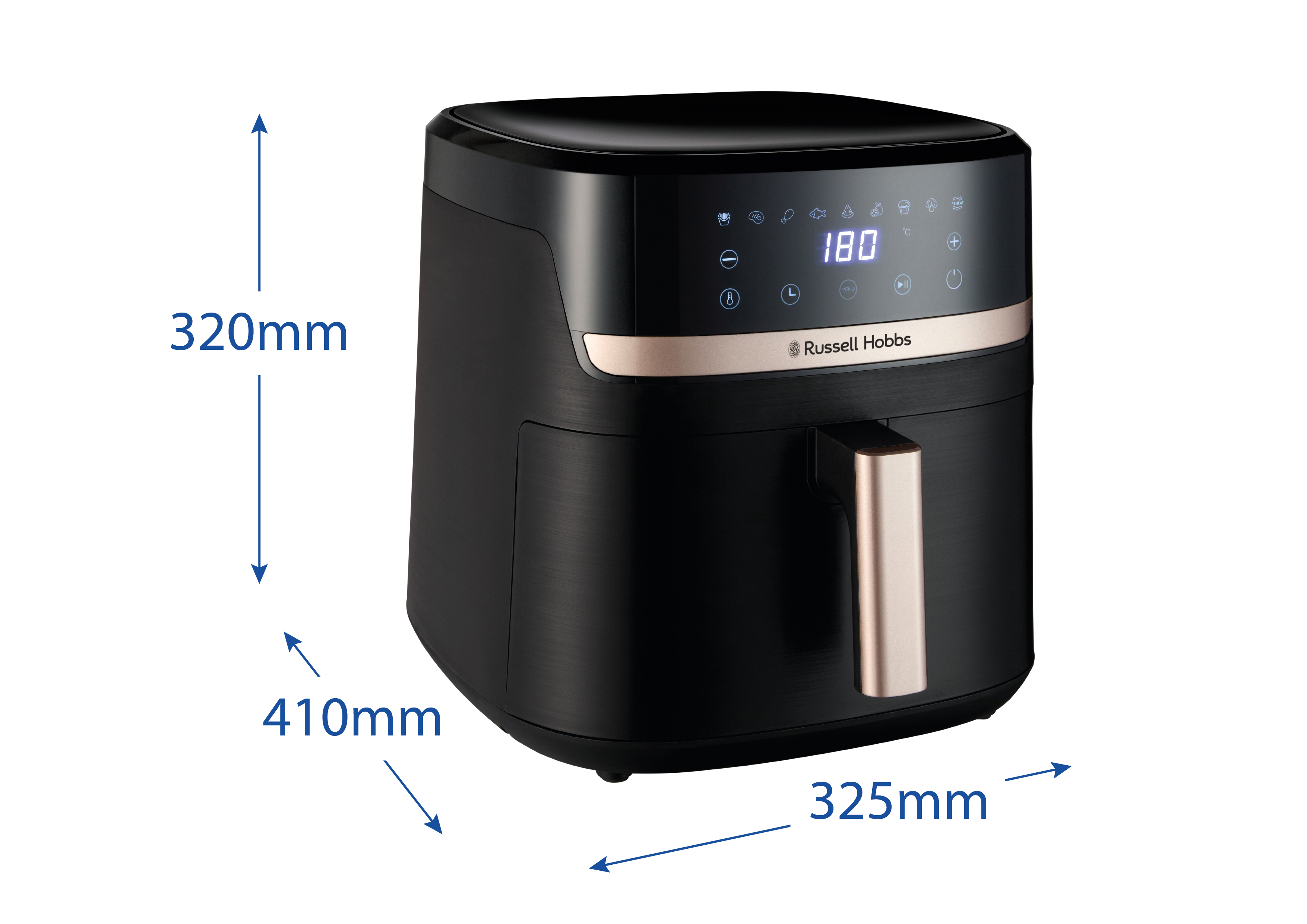 Fekete Russell Hobbs légkeveréses sütő arany elemekkel. Digitális kijelzője 180 fokot mutat. Méretek: 320x410x325mm.