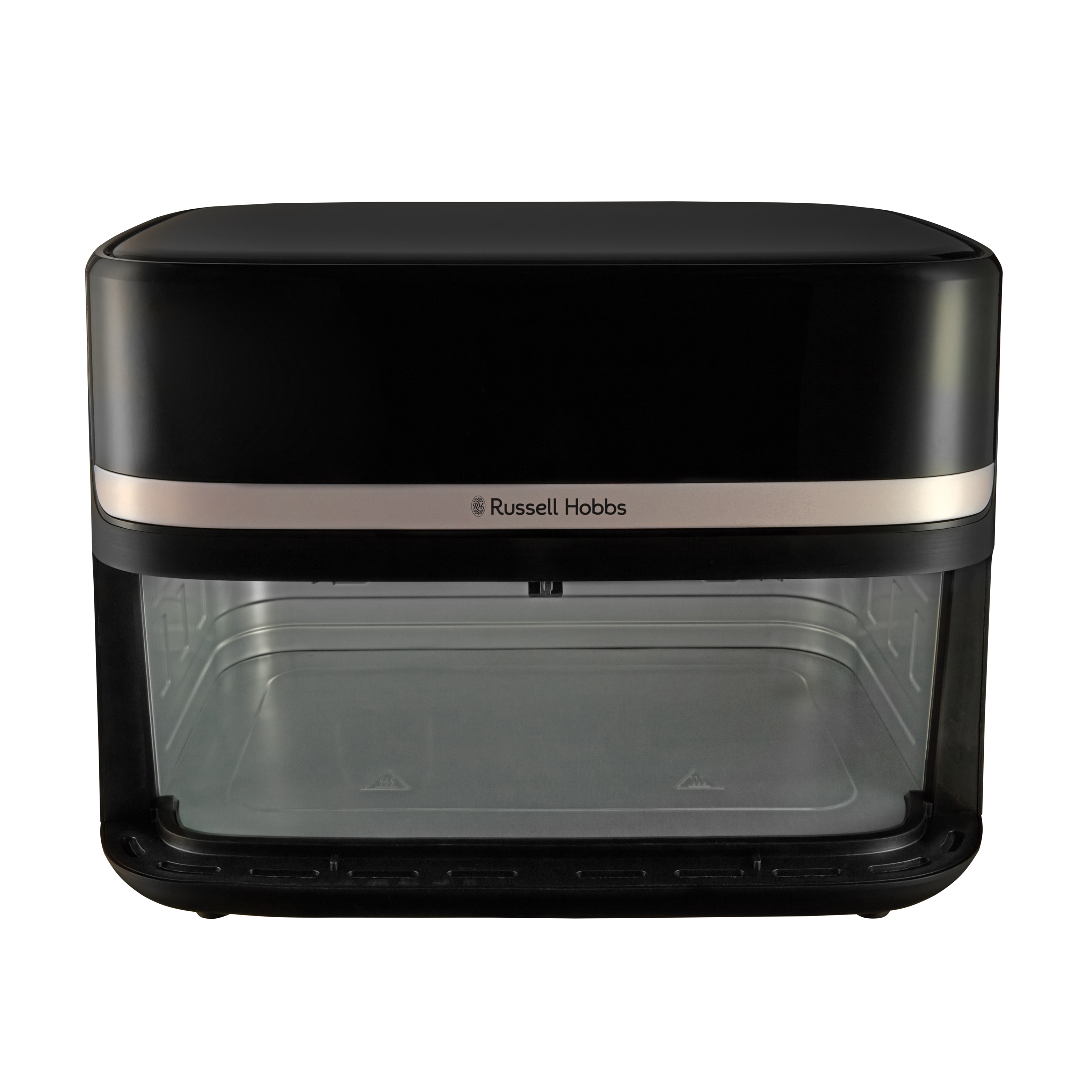 Fekete Russell Hobbs légkeveréses sütő. Ezüst sávval és átlátszó rekesszel.