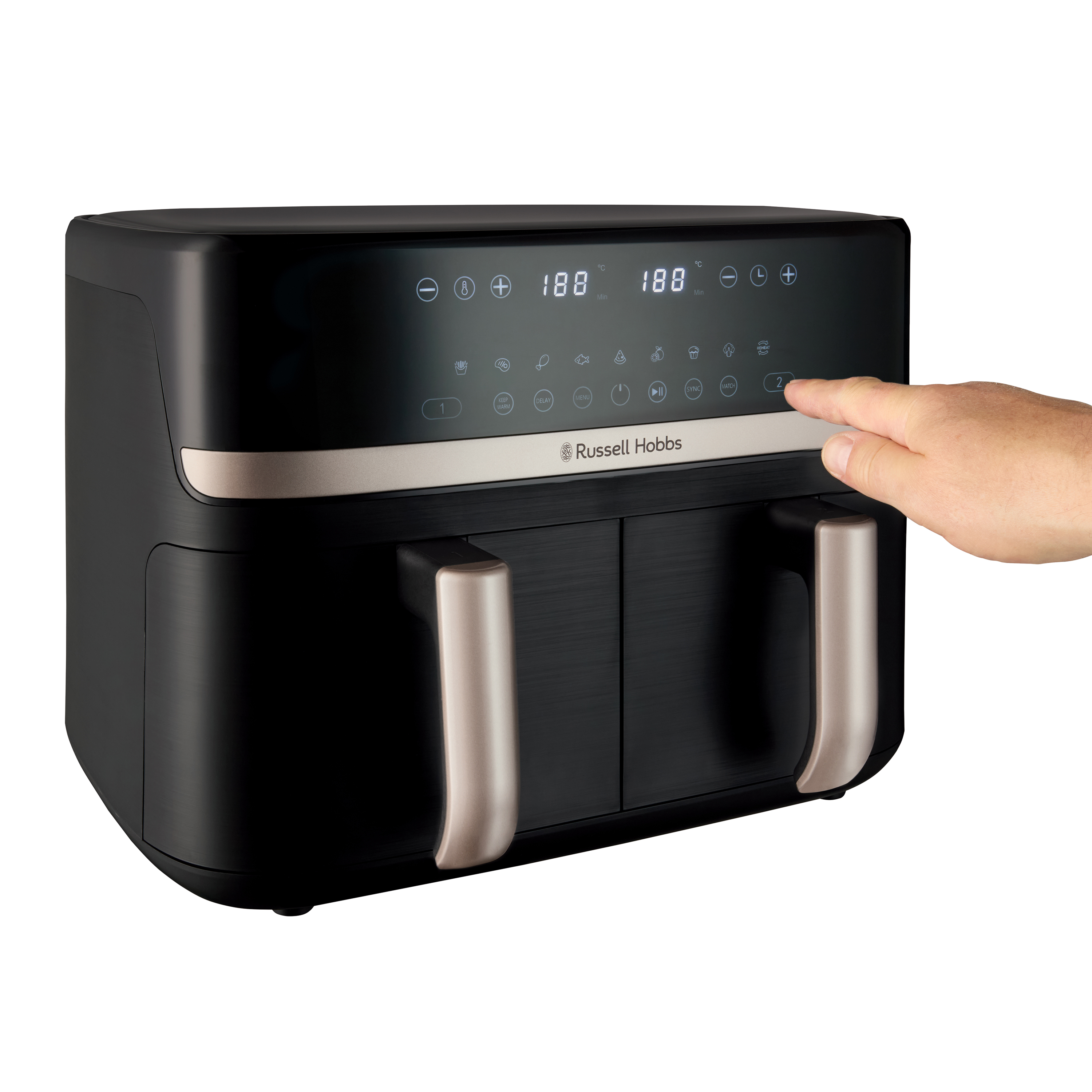 Fekete légsütő arany akcentussal és egy kéz, amely egy gombot nyom. A kijelző számokat mutat. Látható a Russell Hobbs logó.