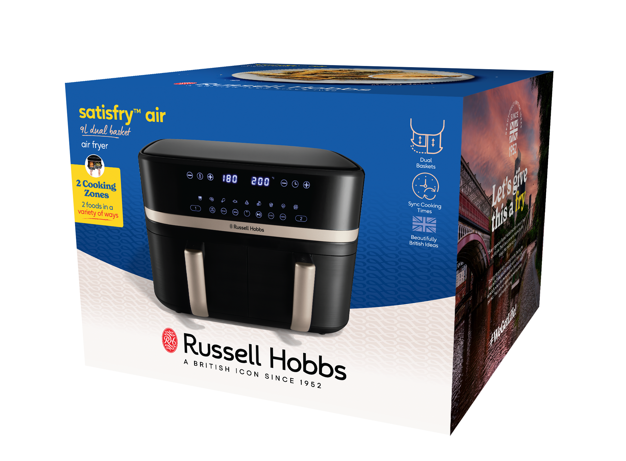 Egy fekete-bézs színű légkeveréses sütő doboza termékadatokkal. A márka a Russell Hobbs. Városképet mutat.