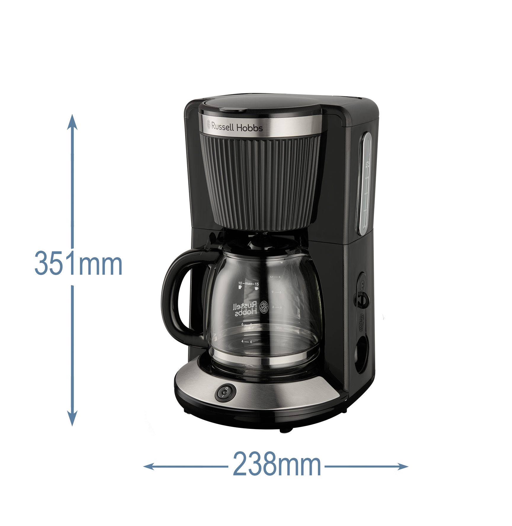 Egy fekete Russell Hobbs kávéfőző üvegkancsóval. Méretek: 351 mm magas, 238 mm széles. A márkanév látható.
