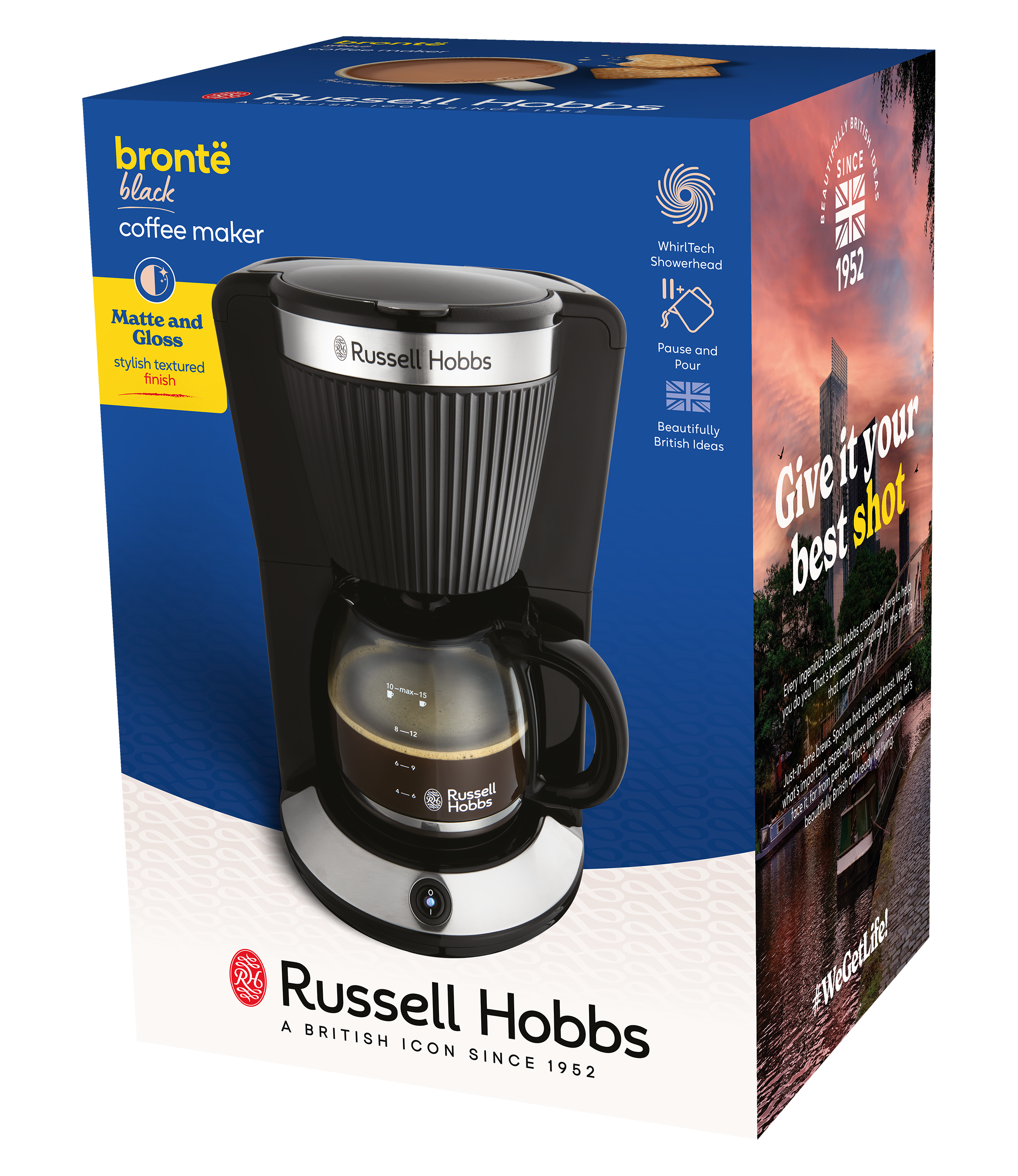Egy fekete Russell Hobbs kávéfőző egy dobozon, szöveggel és grafikával, köztük brit zászlóval.