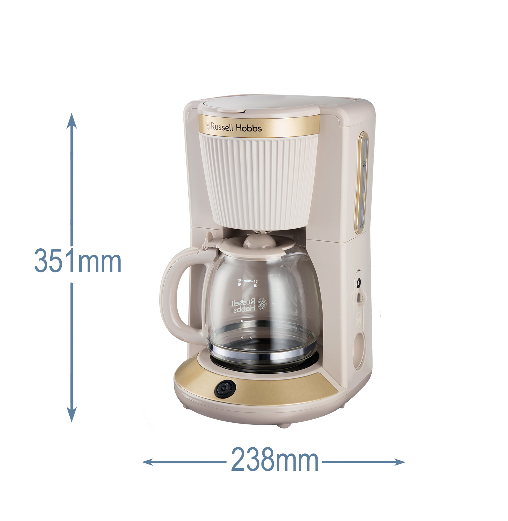 Krémszínű és arany Russell Hobbs kávéfőző. Üvegkancsó, bordázott szűrőkosár. Méretek: 351 mm magas, 238 mm széles.