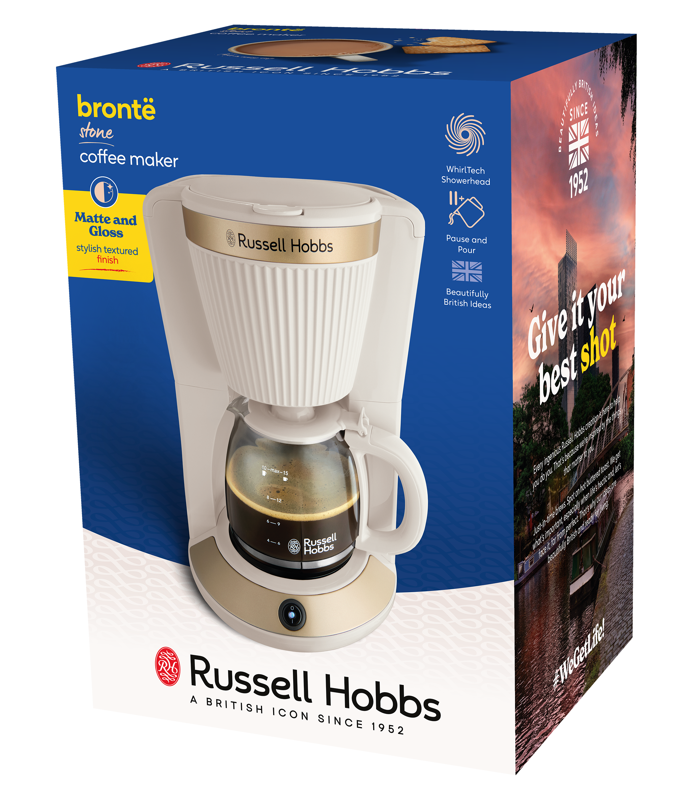 Egy Russell Hobbs kávéfőző doboza. A doboz fehér és arany színű. Szöveget és a kávéfőző képét tartalmazza.