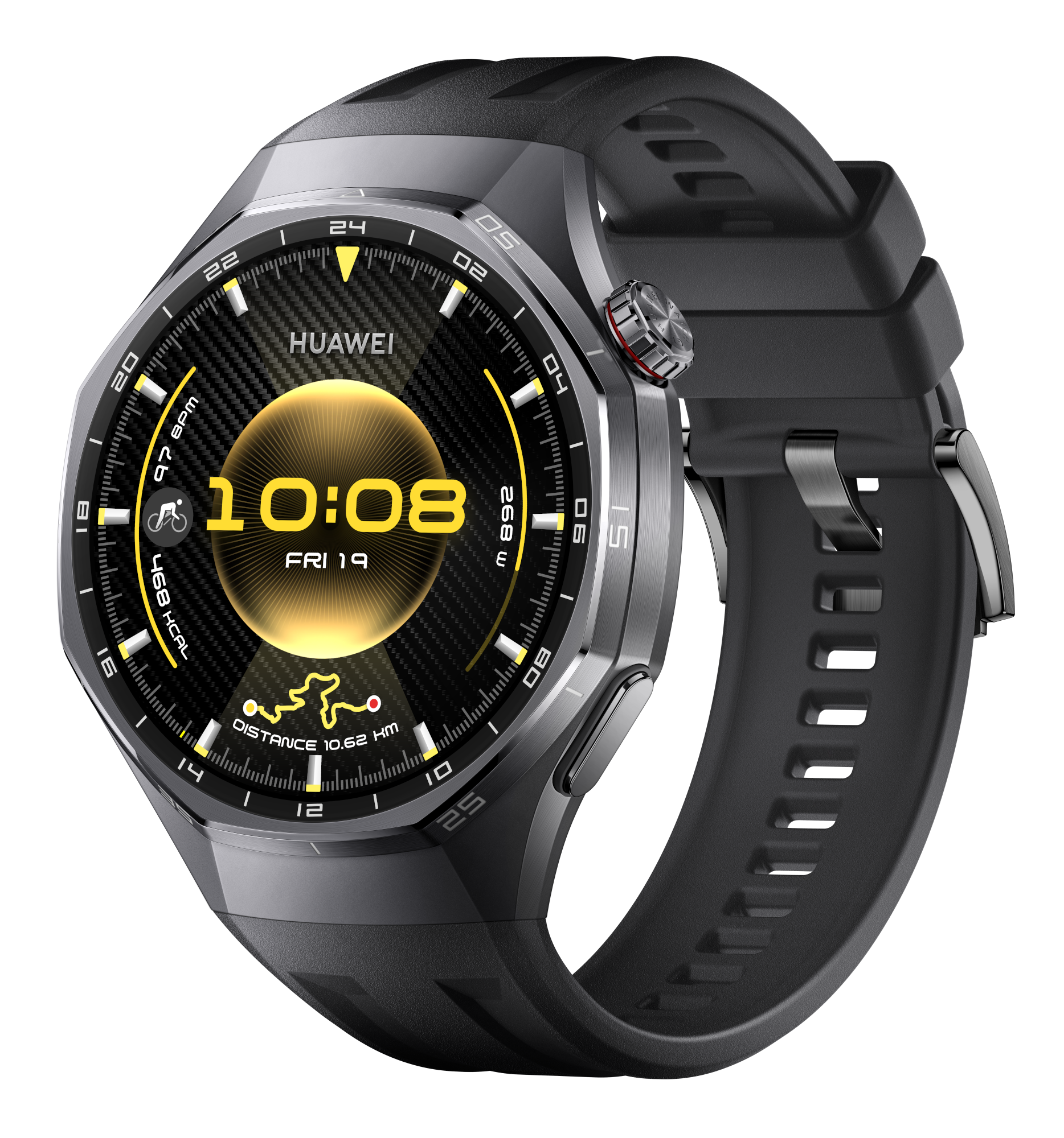 Czarny smartwatch Huawei wyświetla 10:08, dane fitness i mapę trasy. Posiada czarny pasek i metaliczne akcenty.