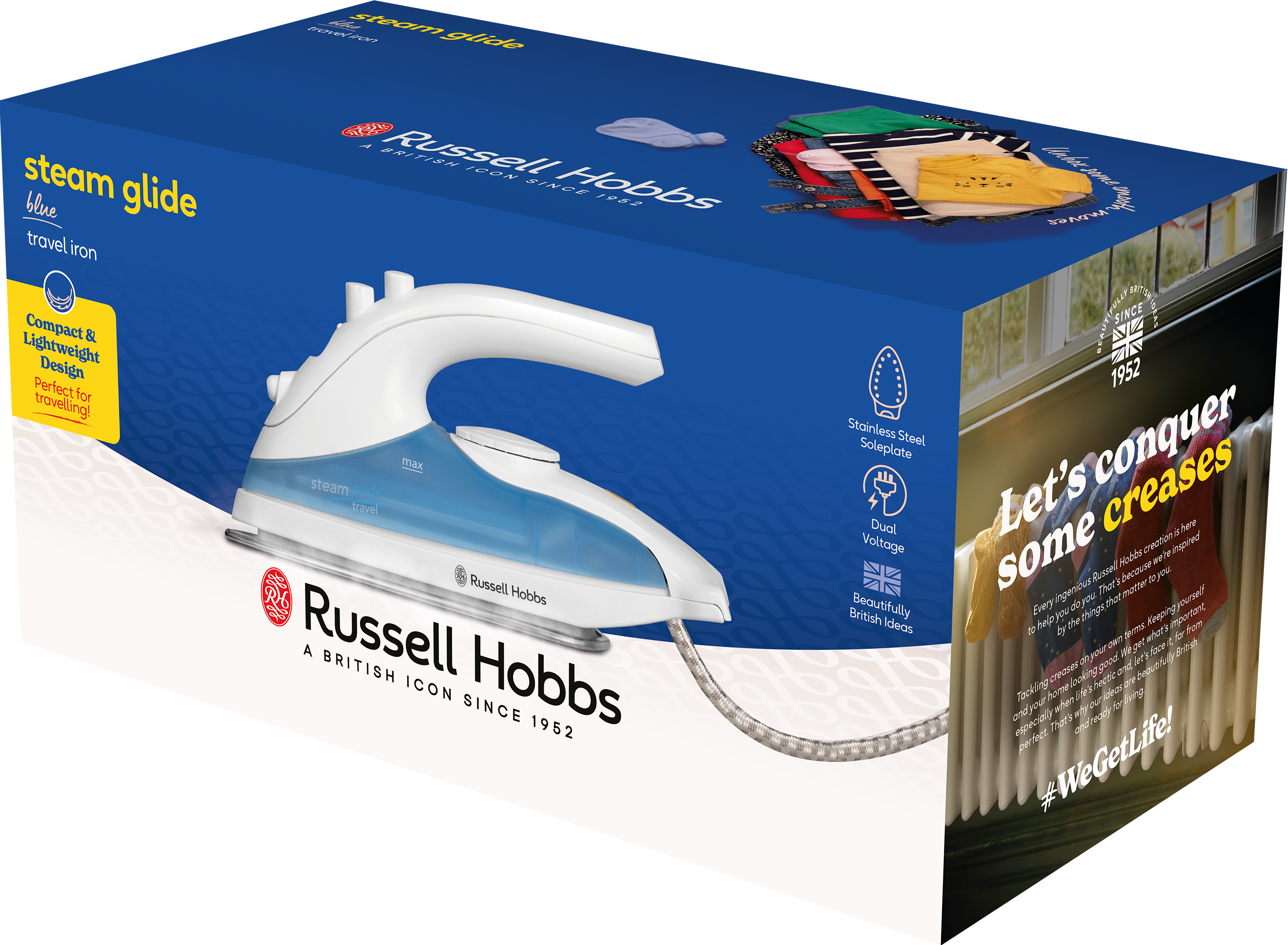 Egy Russell Hobbs Steam Glide utazó vasaló doboza. Kék és fehér, különféle szöveggel és képekkel.