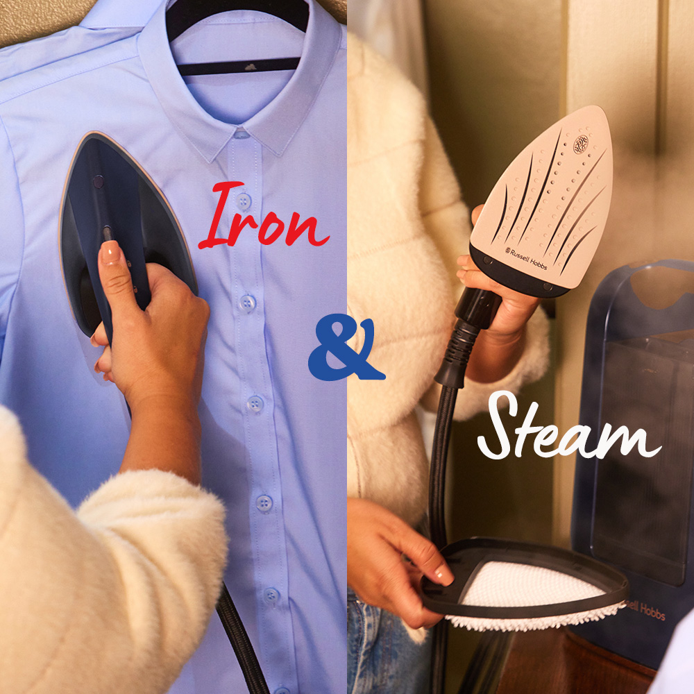 A képen egy vasaló kék inget vasal, és egy gőzölős vasaló látható. A szöveg azt írja: 'Iron & Steam'.