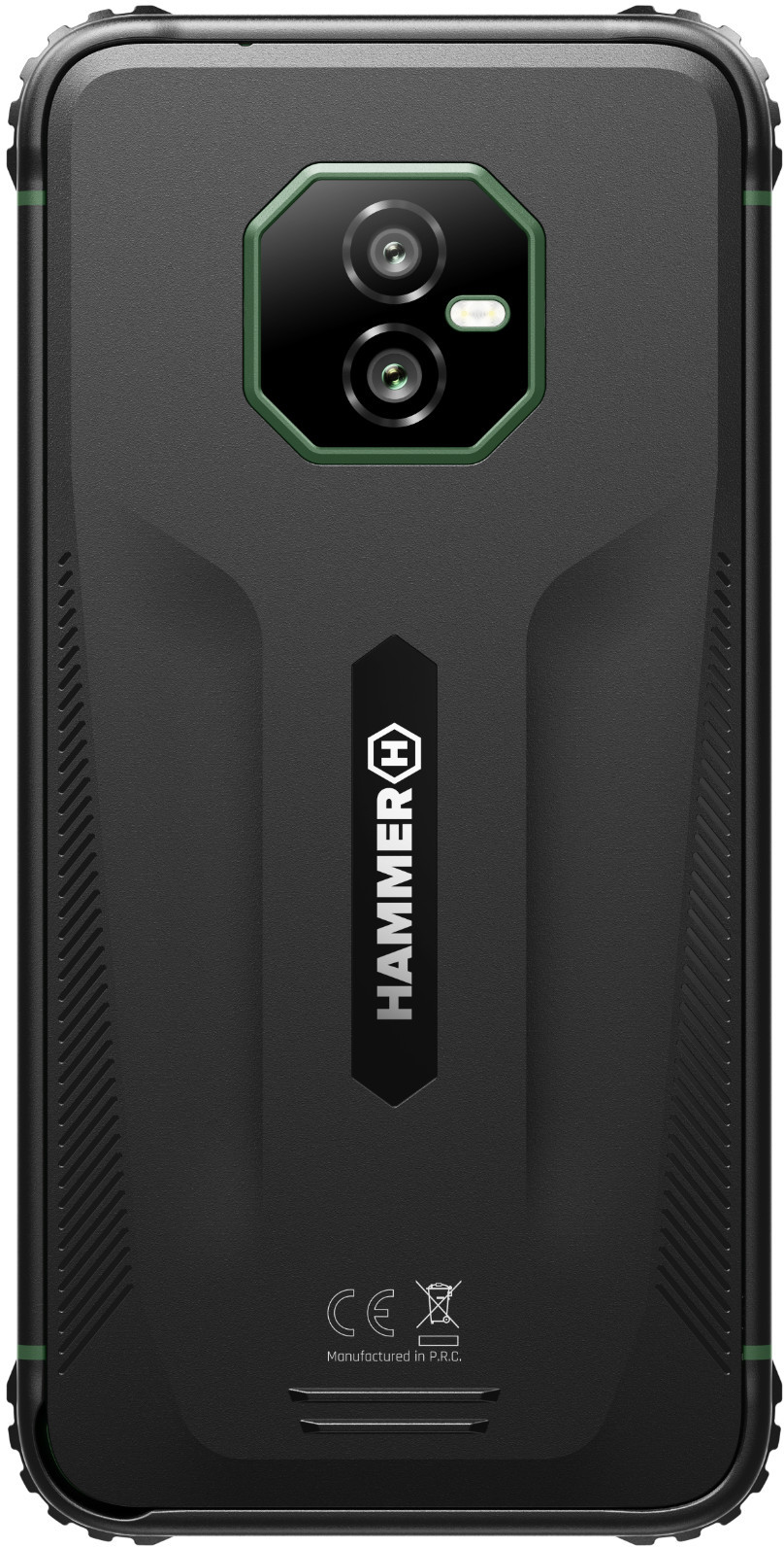 Czarny, wytrzymały tył smartfona. Podwójny aparat z zielonym akcentem. Logo Hammer. Znak CE i tekst 'Wyprodukowano w ChRL' widoczne.
