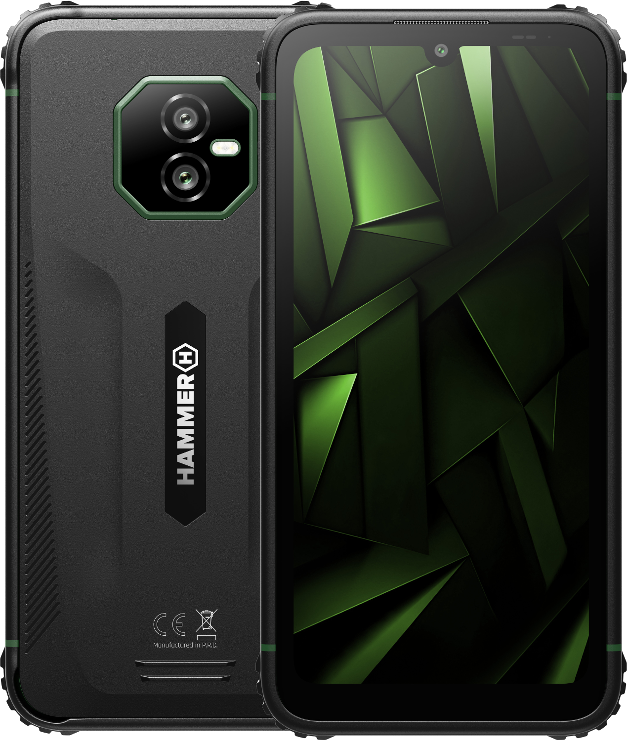 Czarny smartfon z zielonym geometrycznym wzorem na ekranie. Tył ma kamery i logo Hammer.