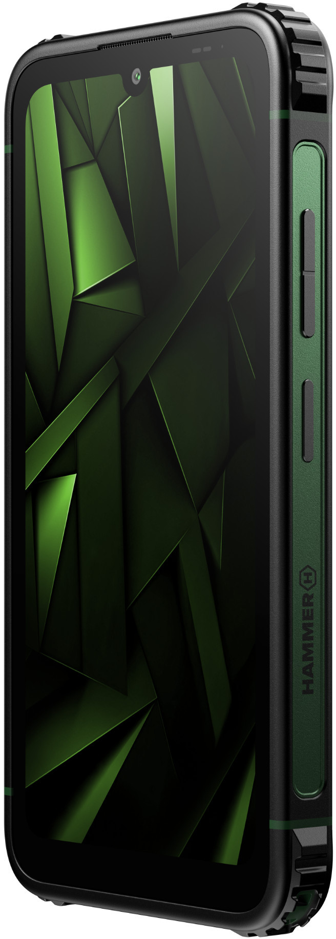 Wytrzymały smartfon z zielonym geometrycznym wzorem na ekranie. Rama jest czarno-zielona z przyciskami z boku.