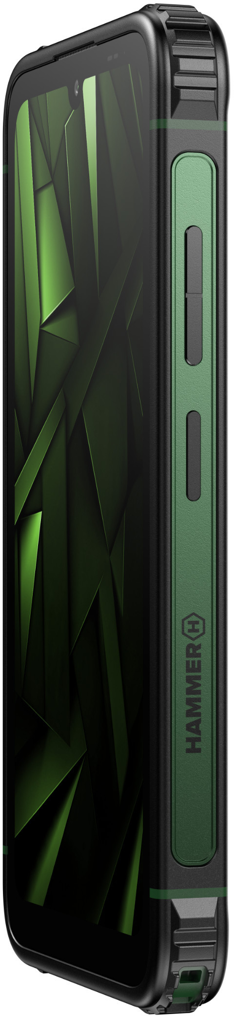 Wytrzymały smartfon z zielonymi akcentami. Ekran wyświetla zielony geometryczny wzór. Bok ma przyciski i logo Hammer.