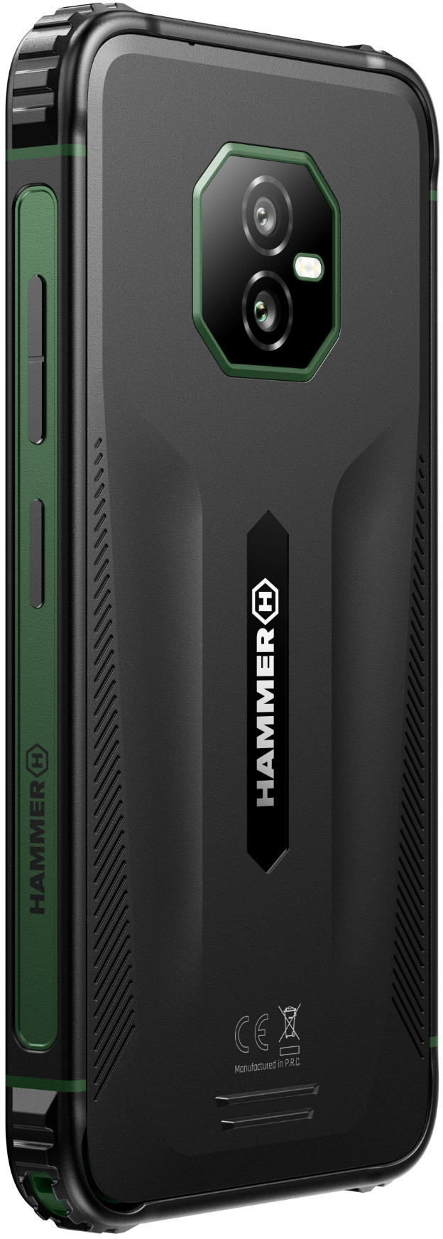 Czarny tył smartfona z zielonymi akcentami. Moduł aparatu, logo Hammer i boczne przyciski. Wytrzymała konstrukcja.