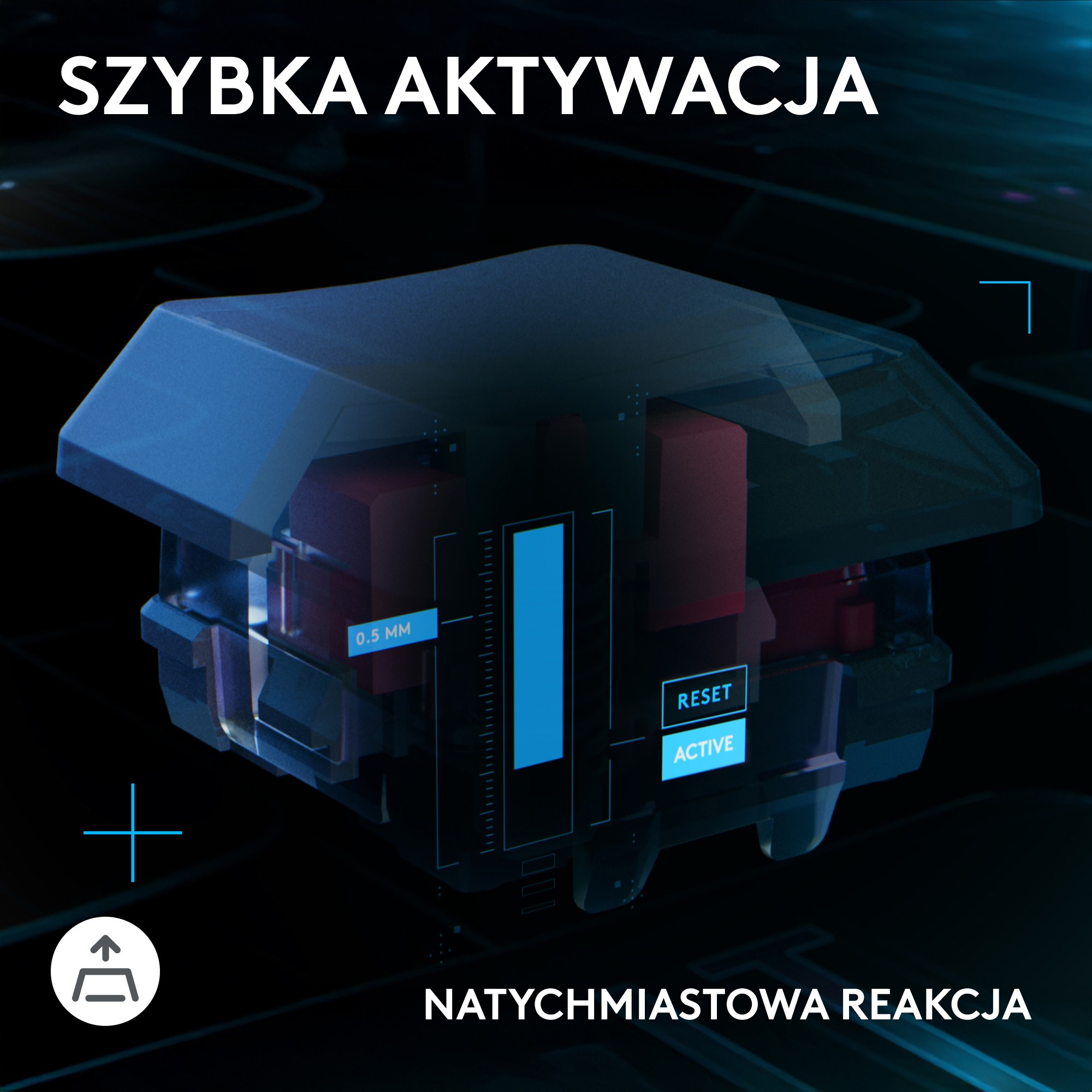 Zbliżenie niebieskiego i czerwonego przełącznika klawiatury. Tekst wyświetla 0,5 mm, Reset i Aktywny. Tło jest czarne.
