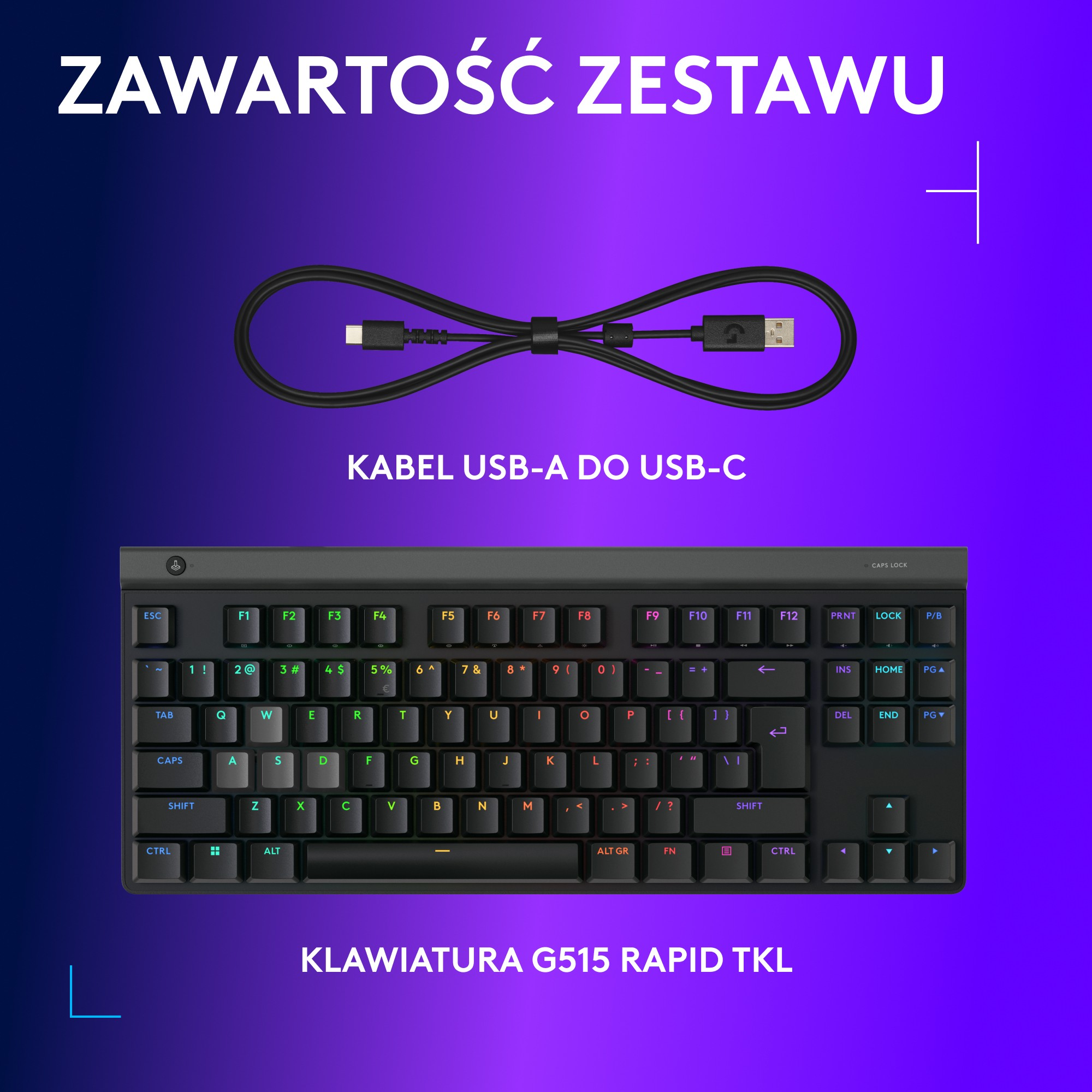 Obrazek przedstawia klawiaturę, kabel USB na fioletowym tle. Tekst: Zawartość zestawu, kabel USB-A do USB-C, klawiatura G515 Rapid TKL.