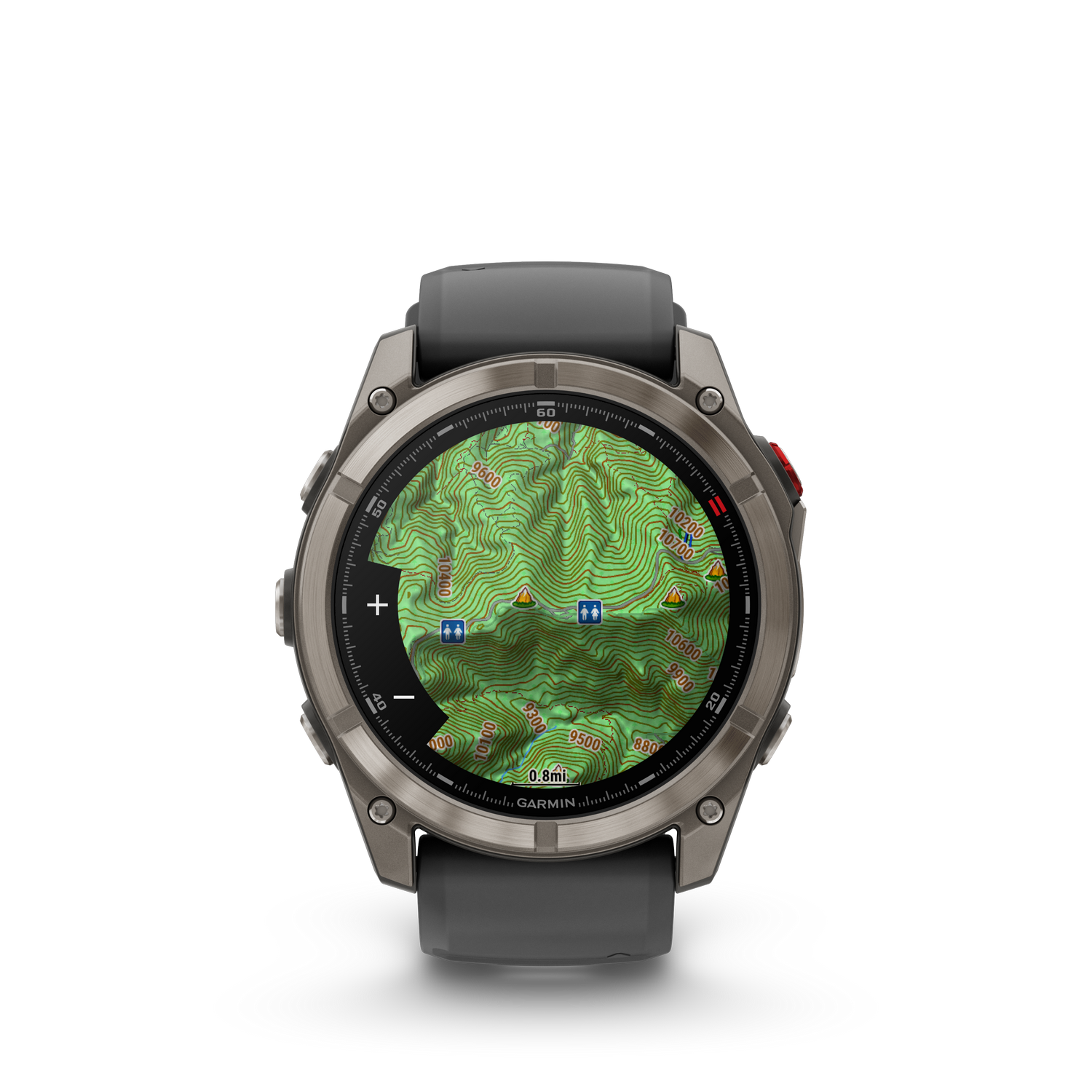 Un reloj inteligente Garmin muestra un mapa topográfico verde con curvas de nivel. El reloj tiene un bisel plateado y una correa gris.