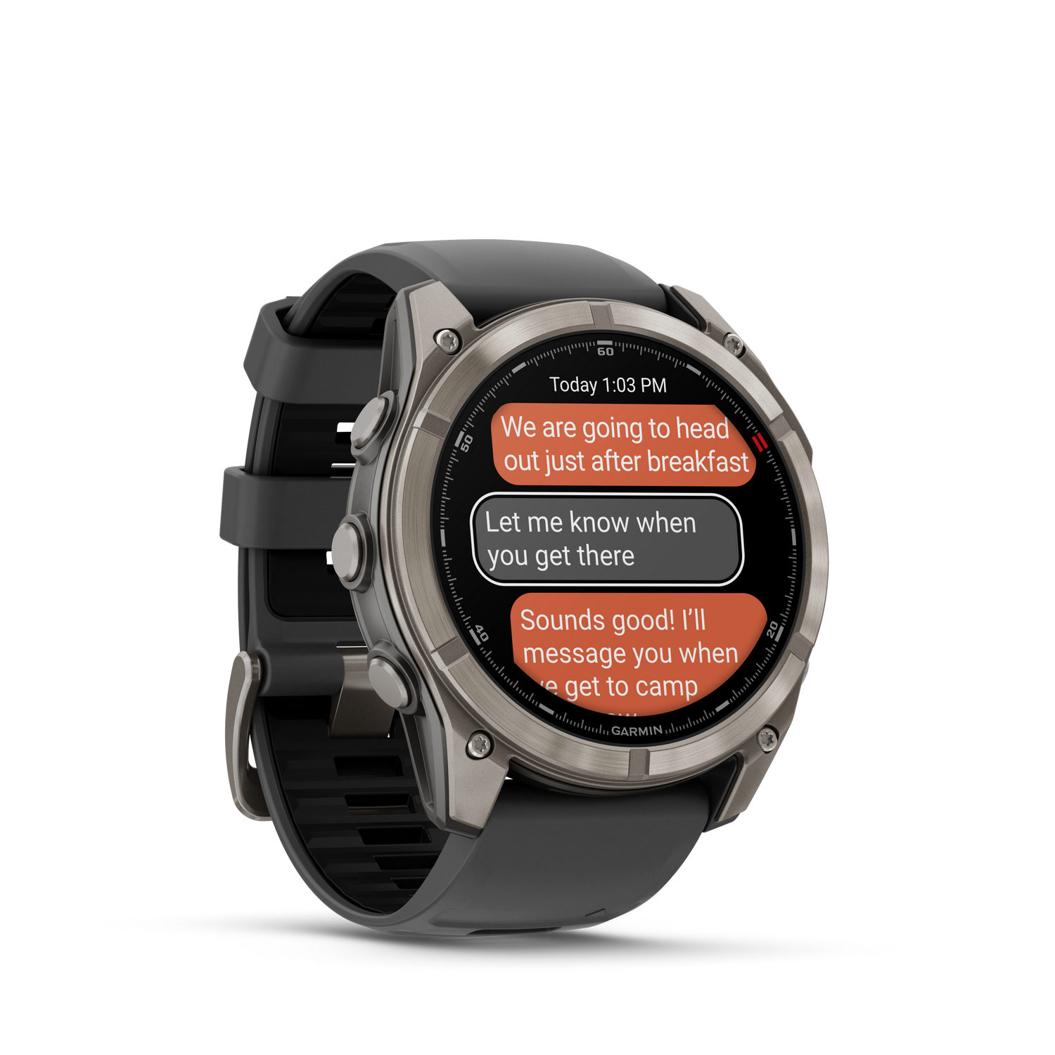 Un smartwatch muestra una conversación de mensajes de texto. El reloj es negro y plateado, con una correa negra. El fondo es gris.
