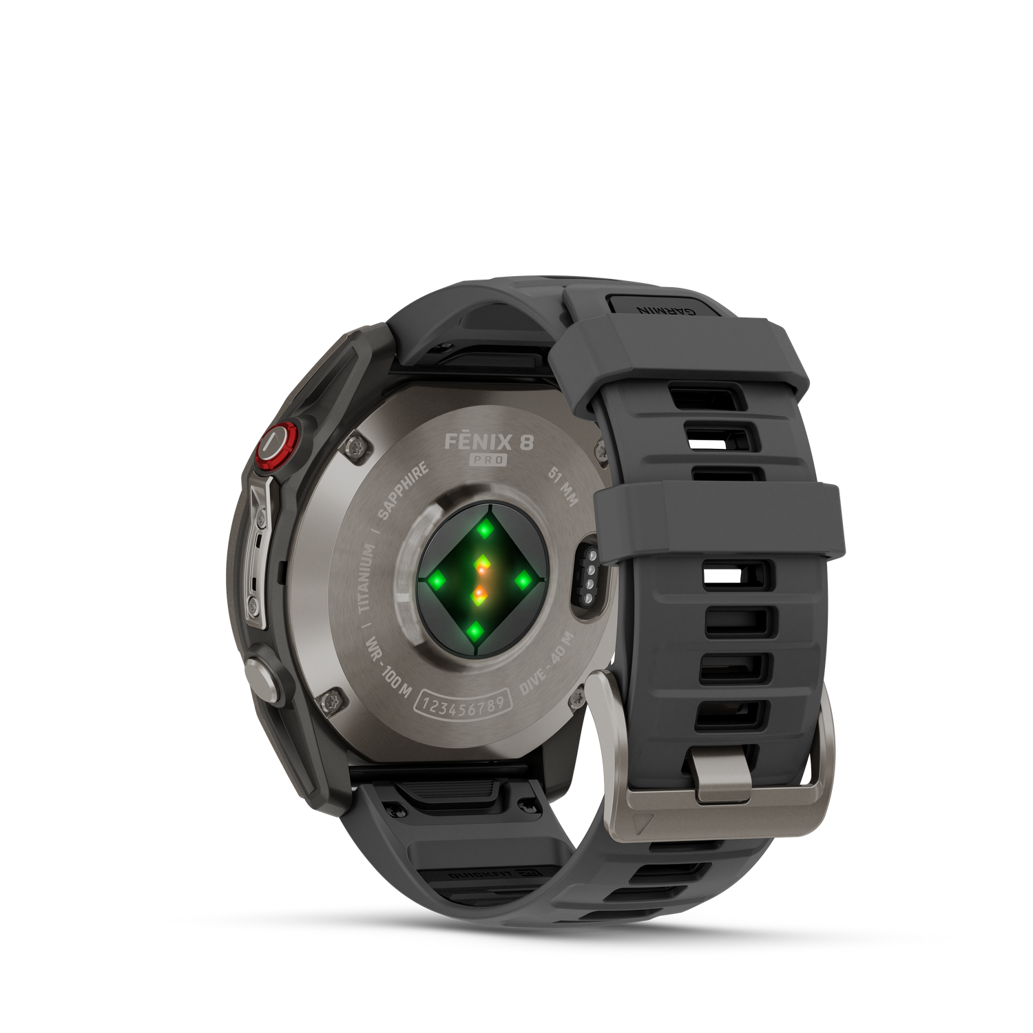 Un reloj Garmin Fenix 8 Pro, correa gris, hebilla plateada, parte trasera de zafiro y titanio, con sensor y números.