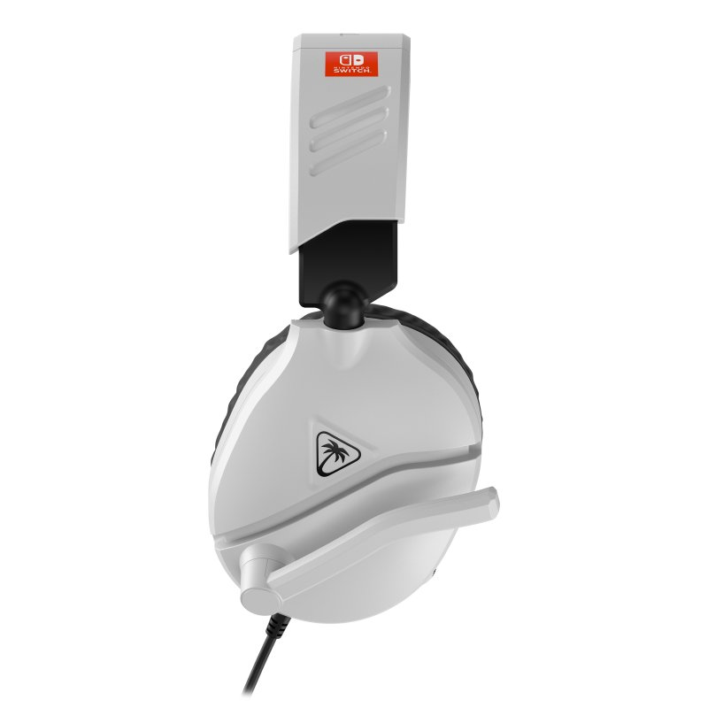 Auriculares para juegos blancos y grises con micrófono. Tiene un logotipo de Switch en la parte superior. Se ve un cable negro.