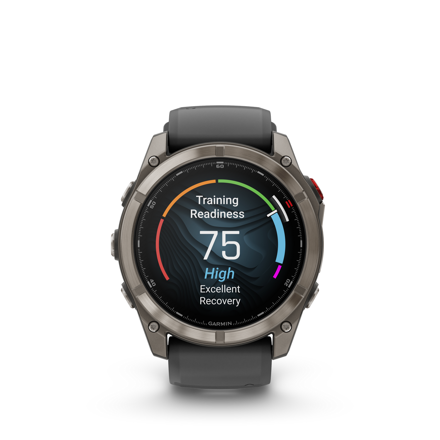 Un reloj inteligente Garmin muestra la preparación para el entrenamiento con una puntuación de 75, que indica 'Alta' y 'Excelente recuperación' sobre un fondo gris.