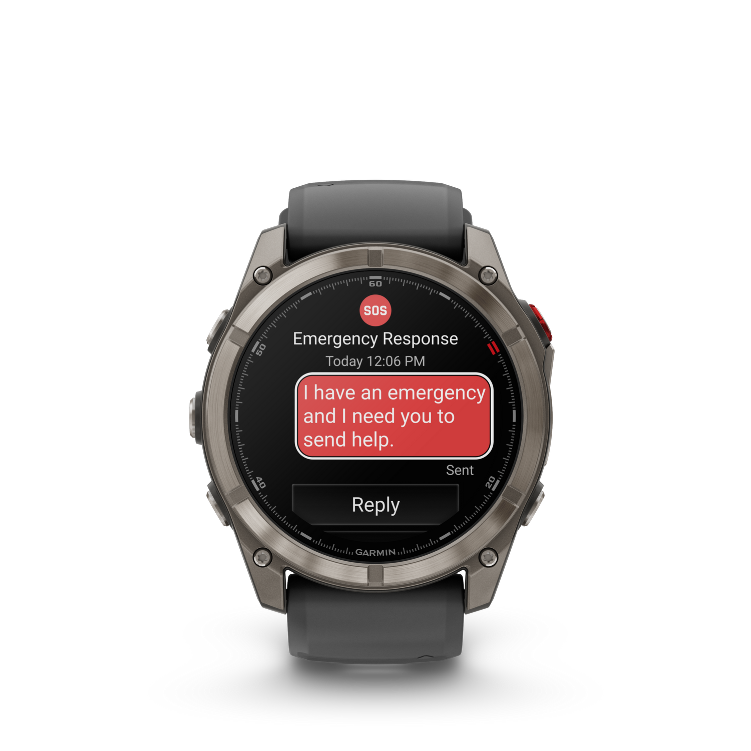 Un reloj inteligente Garmin muestra un mensaje de emergencia: "Tengo una emergencia y necesito que envíes ayuda". El fondo es gris.