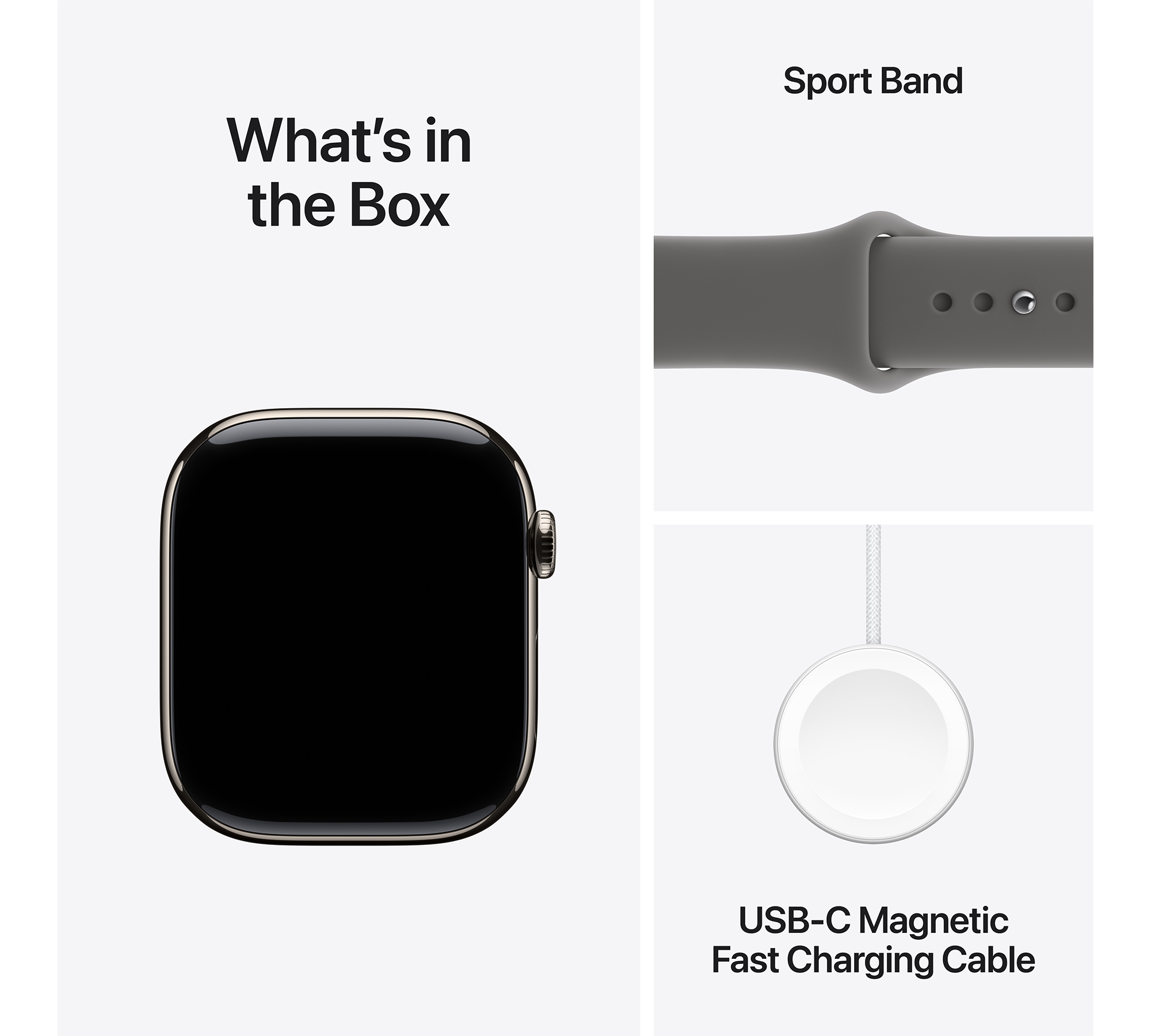 A képen egy Apple Watch, egy sport szíj és egy töltőkábel látható. A szöveg szerint: 'Mi van a dobozban'.