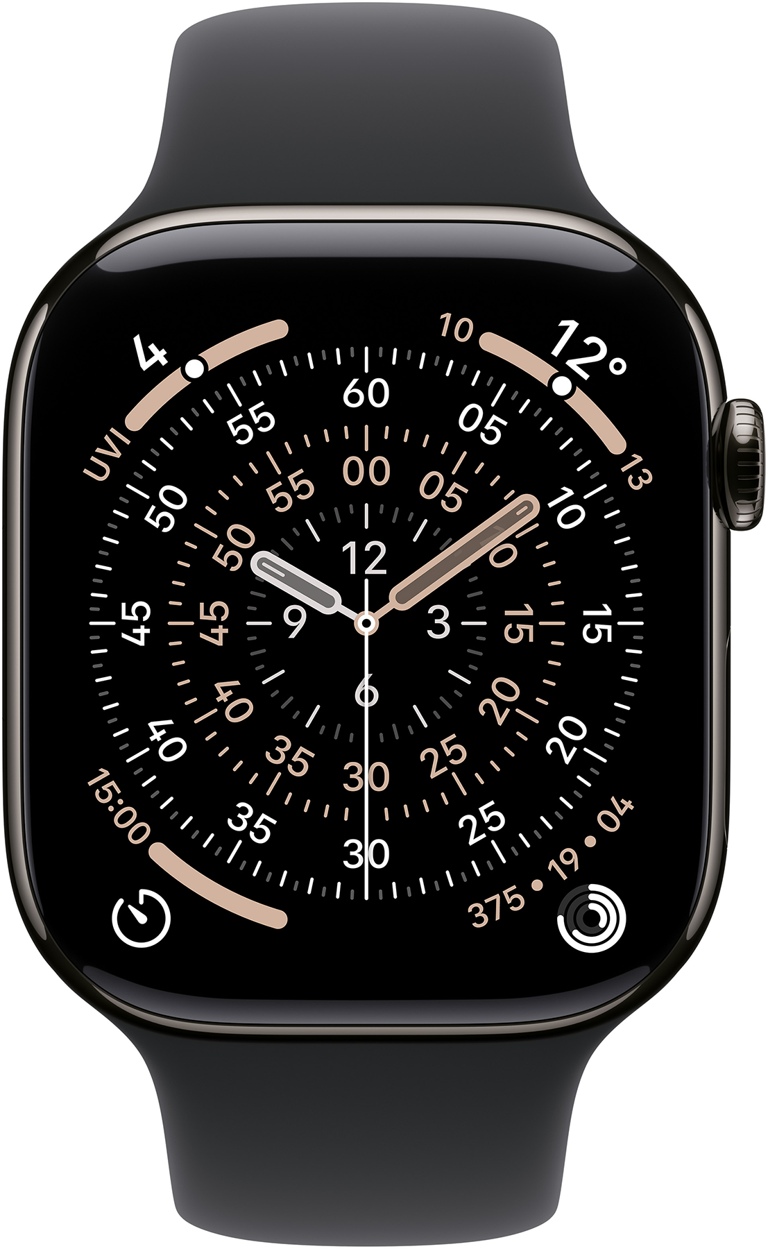 Egy fekete Apple Watch több számlappal mutatja az időt. A mutatók megközelítőleg 9:15-re mutatnak. Különböző mérőszámok láthatók a számlap körül.