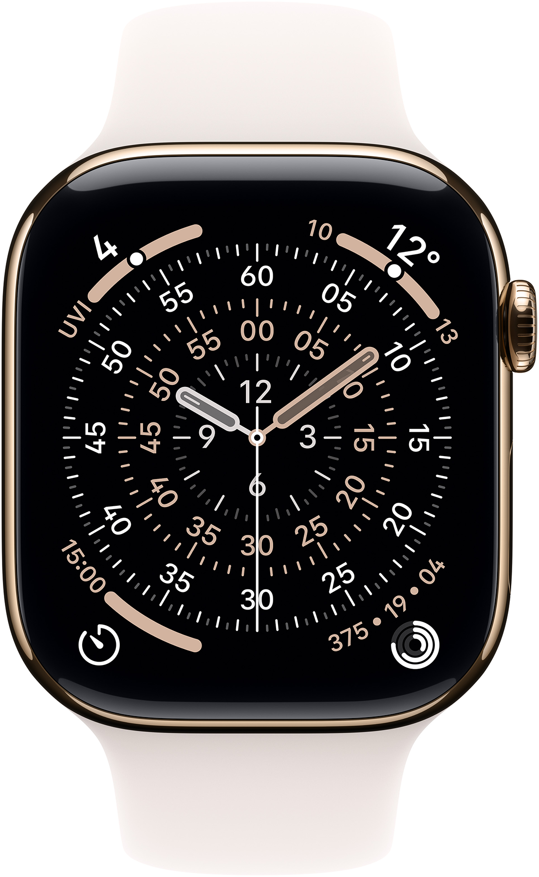 Egy arany Apple Watch fekete számlapot jelenít meg fehér és arany részletekkel. Időt, hőmérsékletet és egészségügyi adatokat mutat.