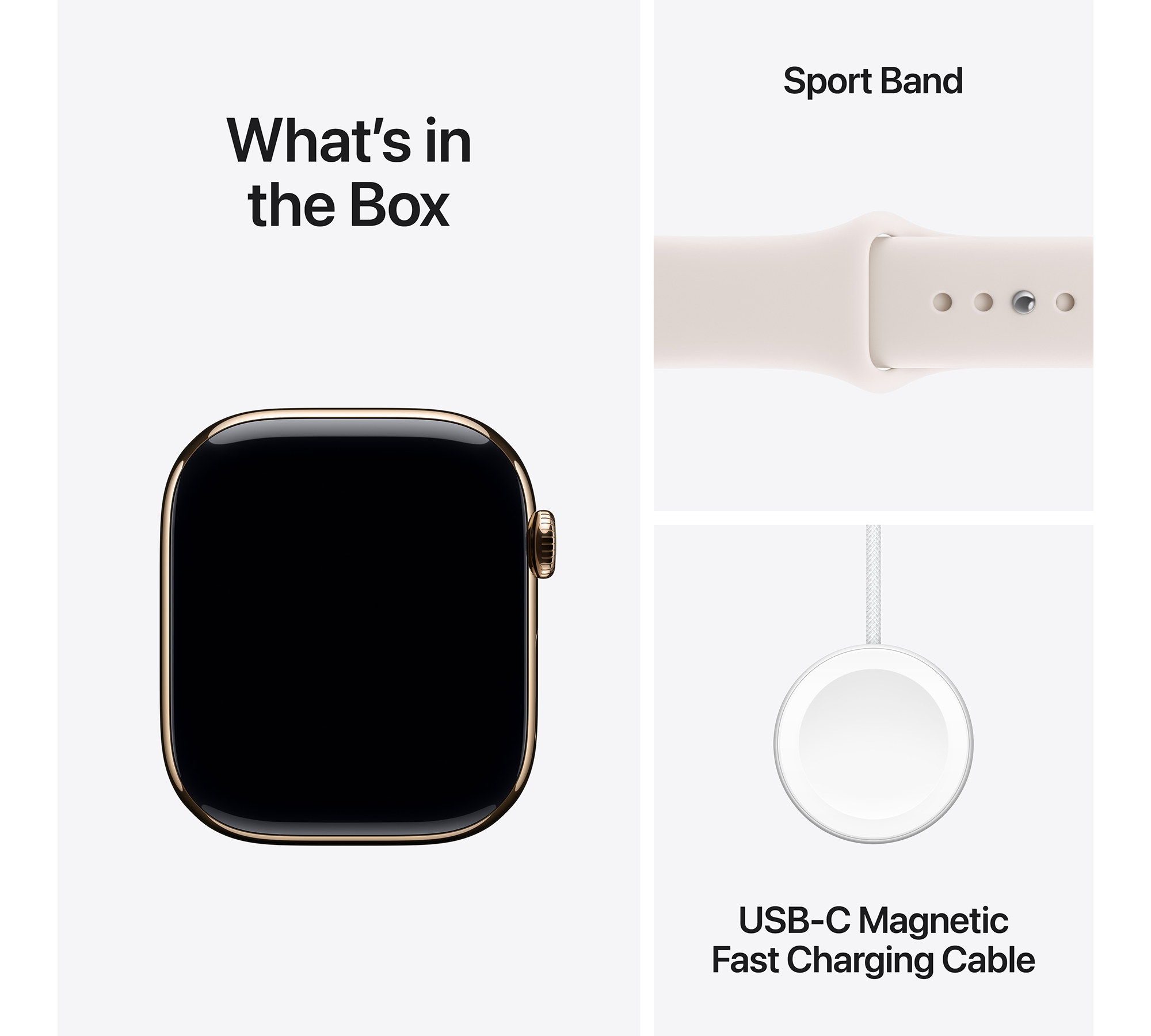 A képen egy doboz tartalma látható: Apple Watch, sport szíj és USB-C mágneses gyorstöltő kábel.